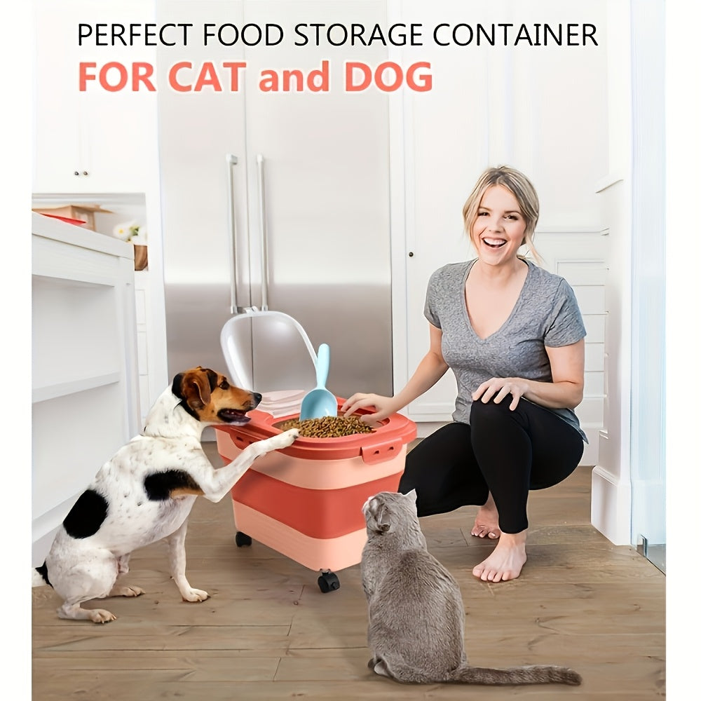 Foldable Pet Food Storage Container with Wheels – Airtight Moisture-Proof Bin for Dog & Cat Food, 5-30 LB Capacity, Upgraded Model