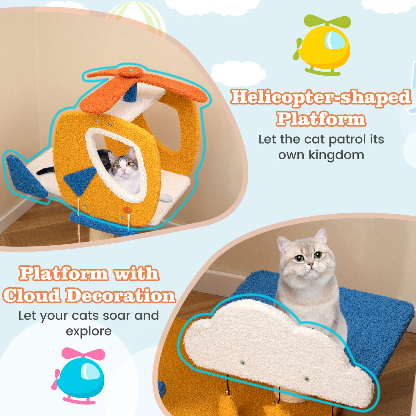 Aviation Cat Tree for Indoor Cats – Small Cat Tower with Helicopter Perch, Scratching Post, Climbing Ladder & 3 Hanging Toys, 30" Kitty Activity Center, Blue White Yellow