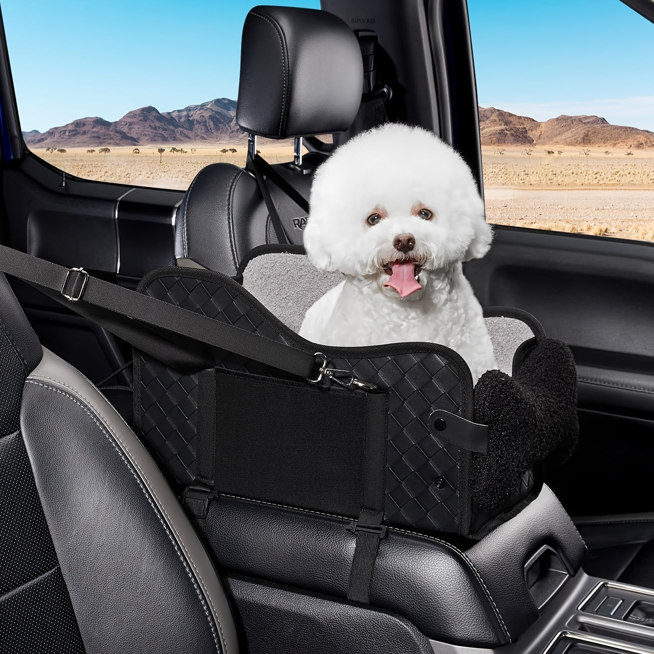 Center Console Dog Car Seat Booster – Portable Cozy Pet Car Seat for Small Dogs & Cats with Breathable Mesh Safety Harness Soft Padding, Universal Armrest Fit