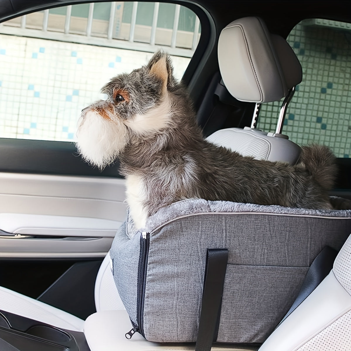 Pet Car Seat Booster for Small Medium Dogs & Cats – Portable Travel Bag with Secure Buckle Closure, Elevated View Polyester Dog Car Seat Grey