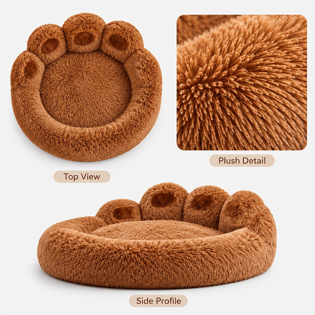 Bear Paw Round Plush Pet Bed for Dogs & Cats – Cute Warm Non-Slip Soft Bed for Small, Medium & Large Pets, 20/24/28/36 Inch