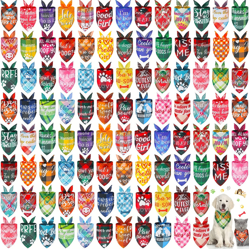 Dog Bandanas Bulk 100 Pack – Plaid & Paw Print Triangle Scarf Kerchief with Captions, Adjustable Washable Pet Bandana for Small to Medium Dogs & Cats, Grooming Accessory Gift