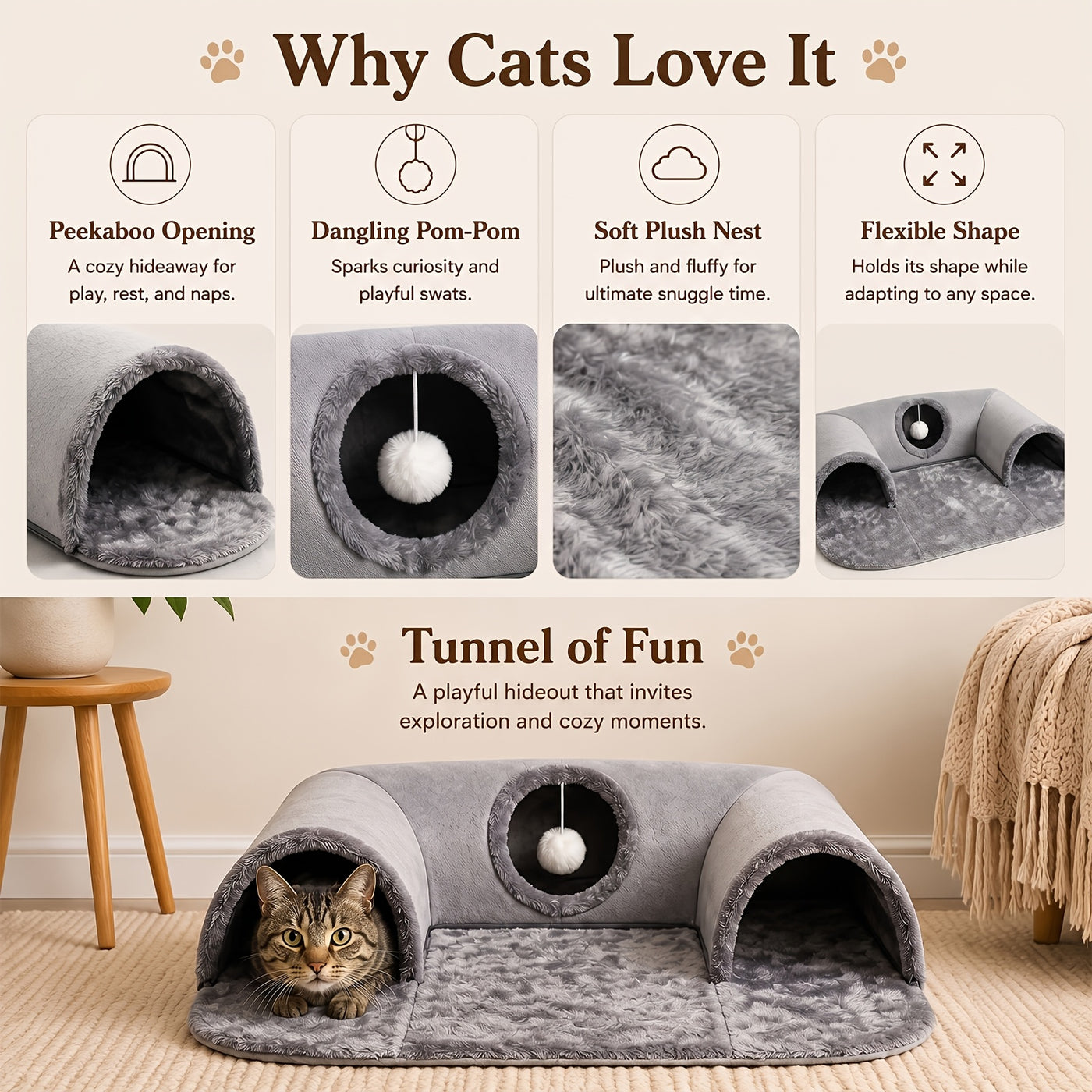 Cat Tunnel Bed with Memory Foam & Glow-in-the-Dark Stars - Detachable Plush Cat Condo, 3D Support, Hanging Ball, Machine Washable Pet Nest for Indoor Cats, 29.5x21.6in