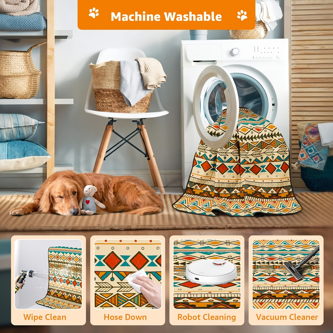 2-Pack Washable Dog Pee Pads Super Absorbent Reusable Puppy Training Pads Leakproof Non-Slip Whelping Pads with Retro Tribal Design – Sizes 18x24 to 36x41 Inch