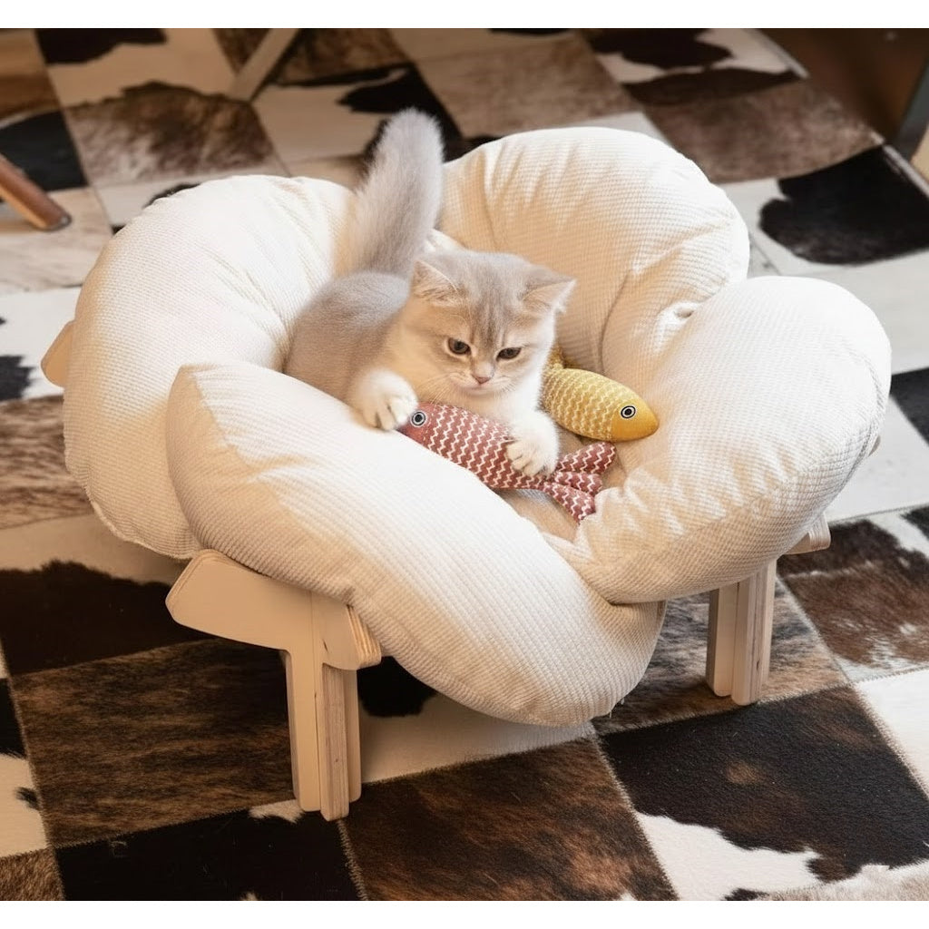 Elevated Wooden Cat Bed with Soft Cushion Raised Pet Lounge Chair Sofa – Modern Solid Wood Cat Hammock for Indoor Cats and Small Dogs with Linen Fish Toy
