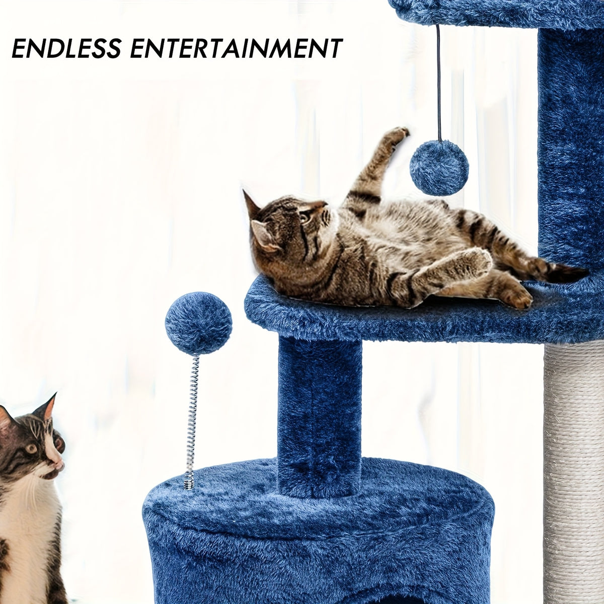 32-Inch Cat Tree with Condo, Sisal Scratching Post, Plush Perches & Pompom Toys for Indoor Cats - Denim Blue Multi-Level Cat Tower Activity Center