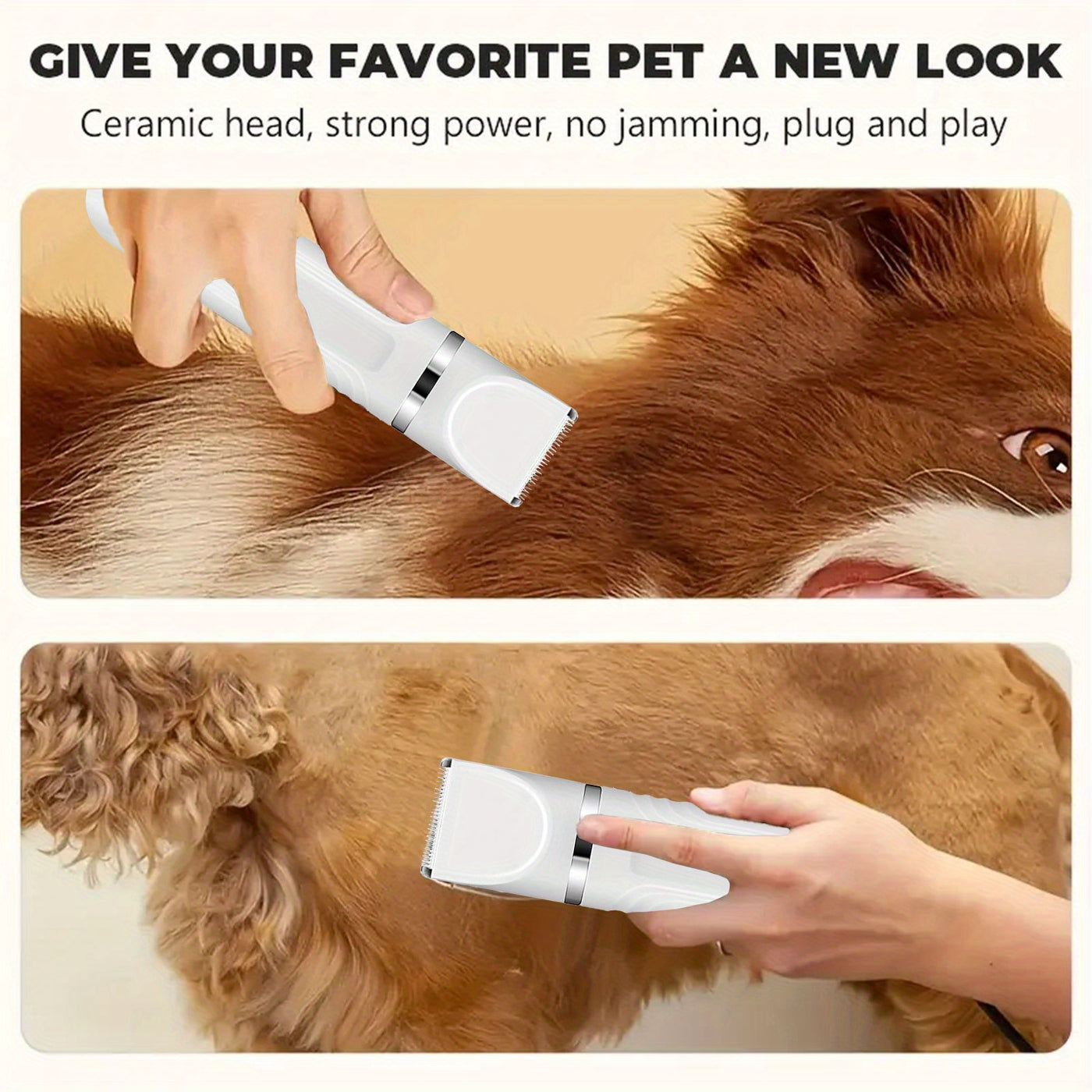6-in-1 Pet Grooming Kit USB Rechargeable Cordless Clippers – 4 Interchangeable Blade Heads, Nail Clipper, Steel Comb & Scissors for Dogs Cats & Small Animals, White & Blue