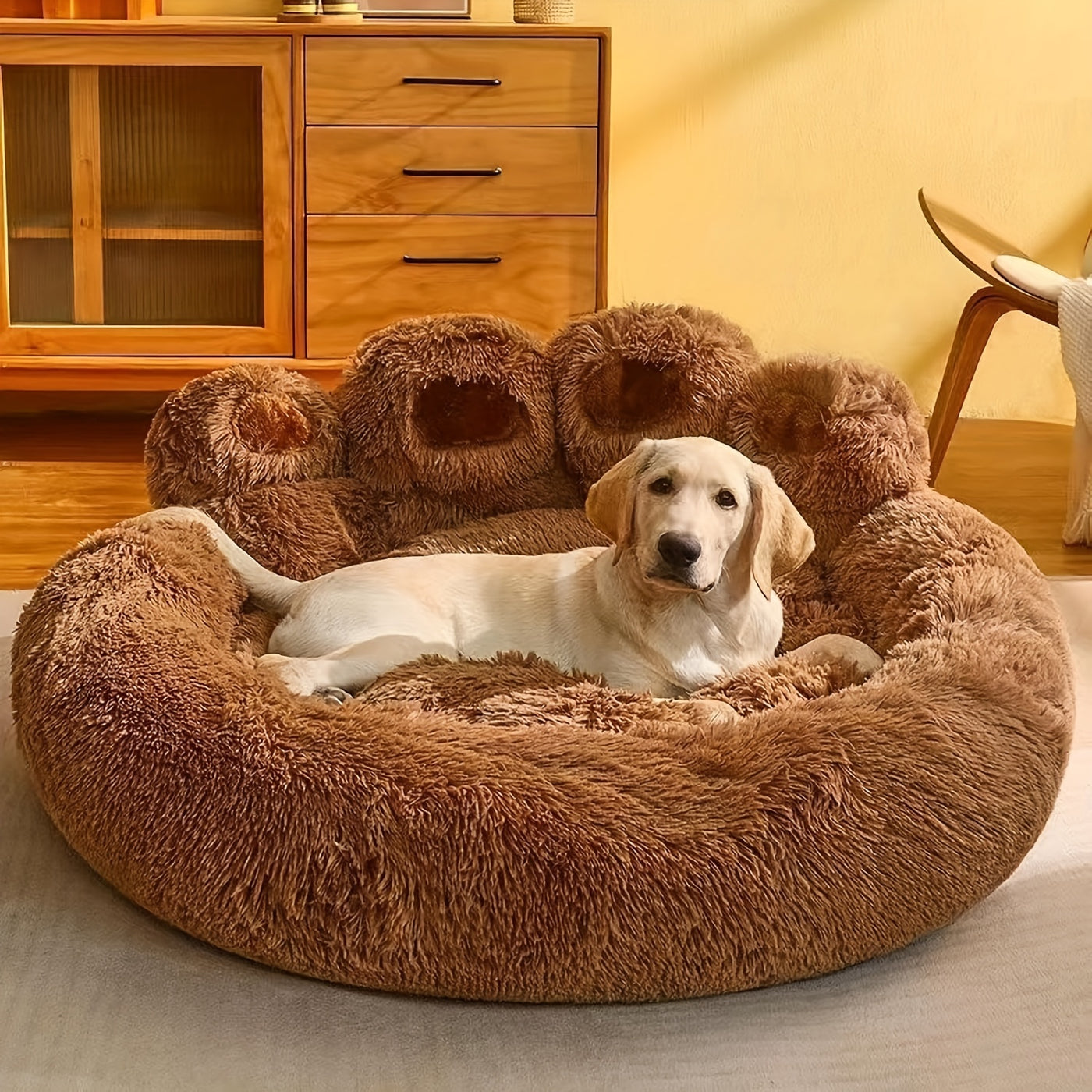Calming Donut Dog Bed – Bear Paw Shaped Round Plush Pet Bed, Warm Soft Cushion for Dogs and Cats, Multiple Sizes with Bonus Pet Scarf