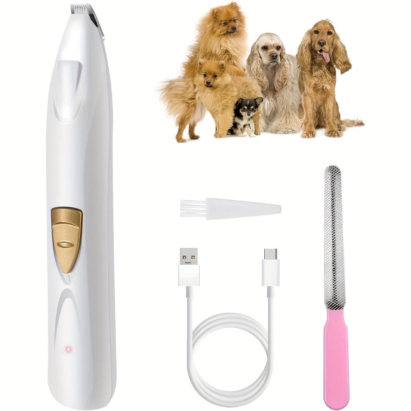 Electric Pet Paw Trimmer & Clipper with LED Light - USB Rechargeable Low Noise Dog Cat Grooming Kit for Eyes Face Ears Paws, Professional Pet Hair Shaver, White