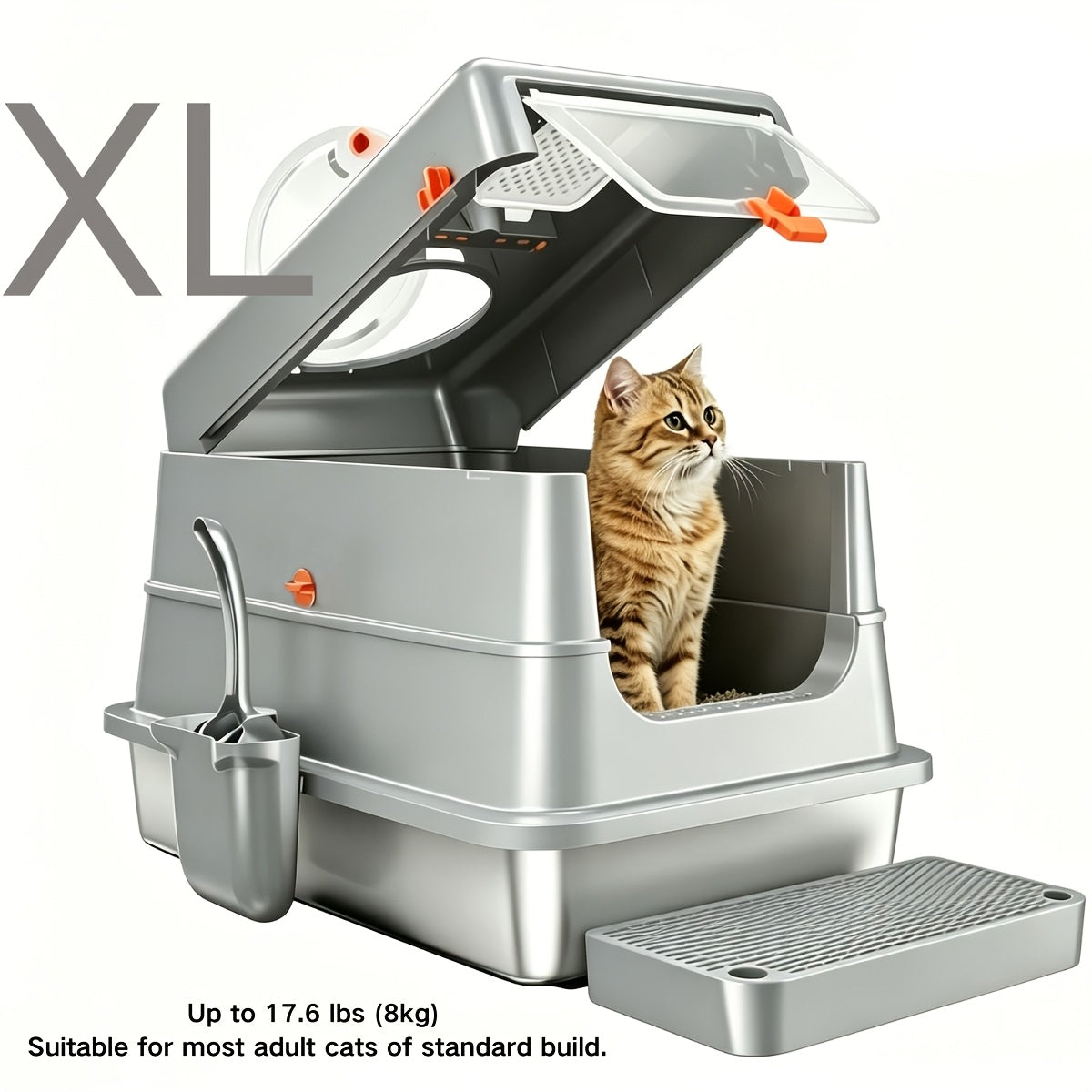 Stainless Steel Cat Litter Box XL Enclosed Odor-Proof with Scoop Step Pedal & Carbon Deodorizer for Large Cats