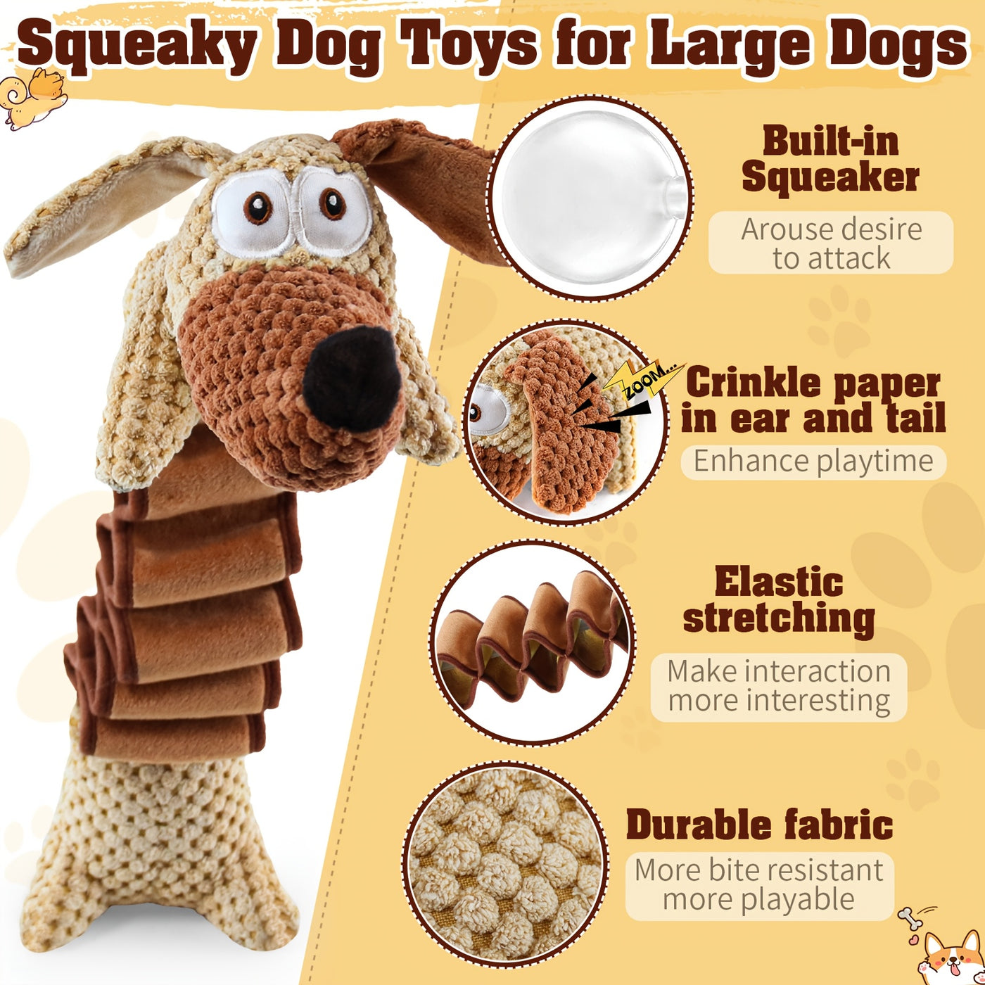 Large Squeaky Dog Pull Toy with Crinkle Filling – Stretchable 15-20 Inch Tug & Bite Toy for Small Medium Large Dogs, No Battery, Indoor Outdoor