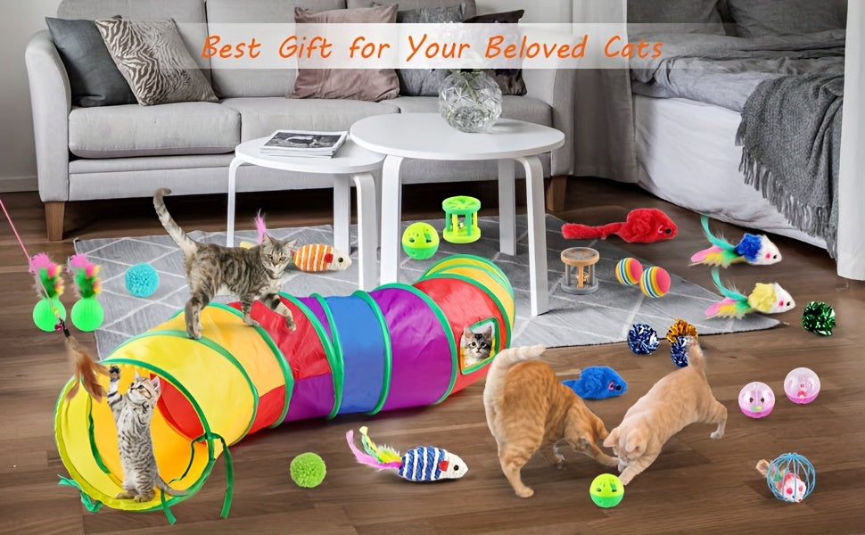 32-Piece Cat Toy Set with Rainbow Tunnel – Kitten Toys Assortment Including Feather Teaser Wand, Sisal Mice, Bell Balls & Crinkle Balls for Indoor Cats