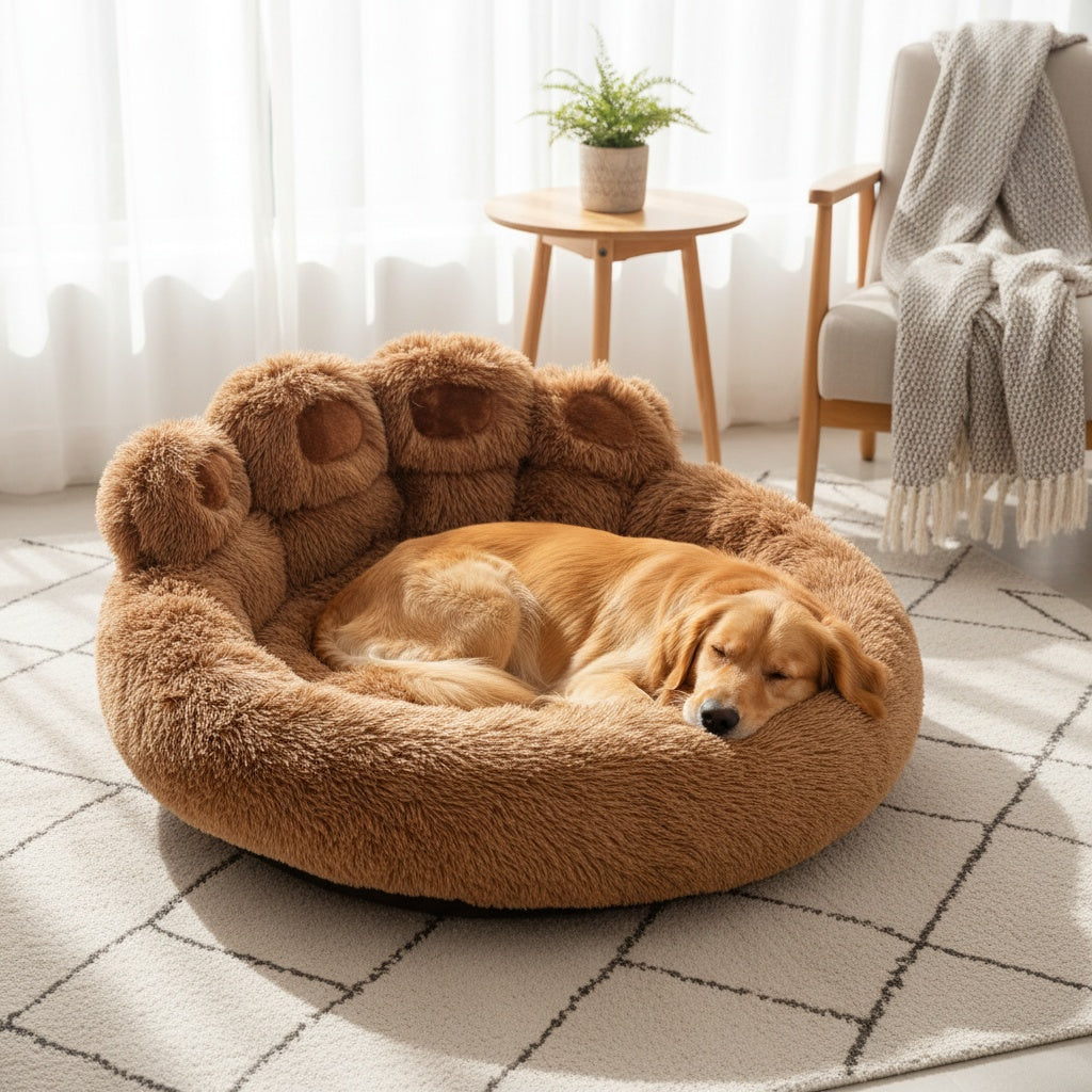 Bear Paw Round Plush Pet Bed for Dogs & Cats – Cute Warm Non-Slip Soft Bed for Small, Medium & Large Pets, 20/24/28/36 Inch