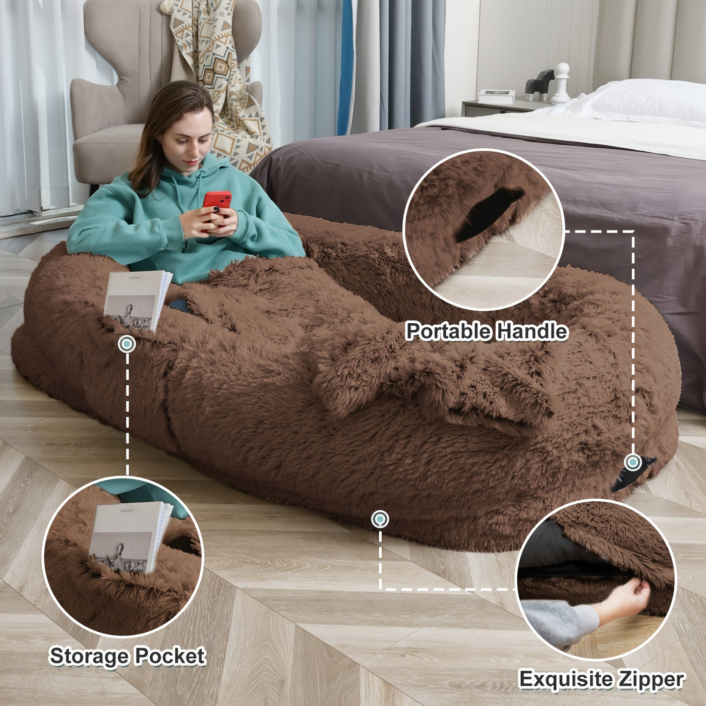 Human Dog Bed 70x44x11 Inch Giant Faux Fur Orthopedic Bed for People & Pets - Washable Non-Slip Extra Large Dog Bed for Adults, Napping, Lounging, All Breeds