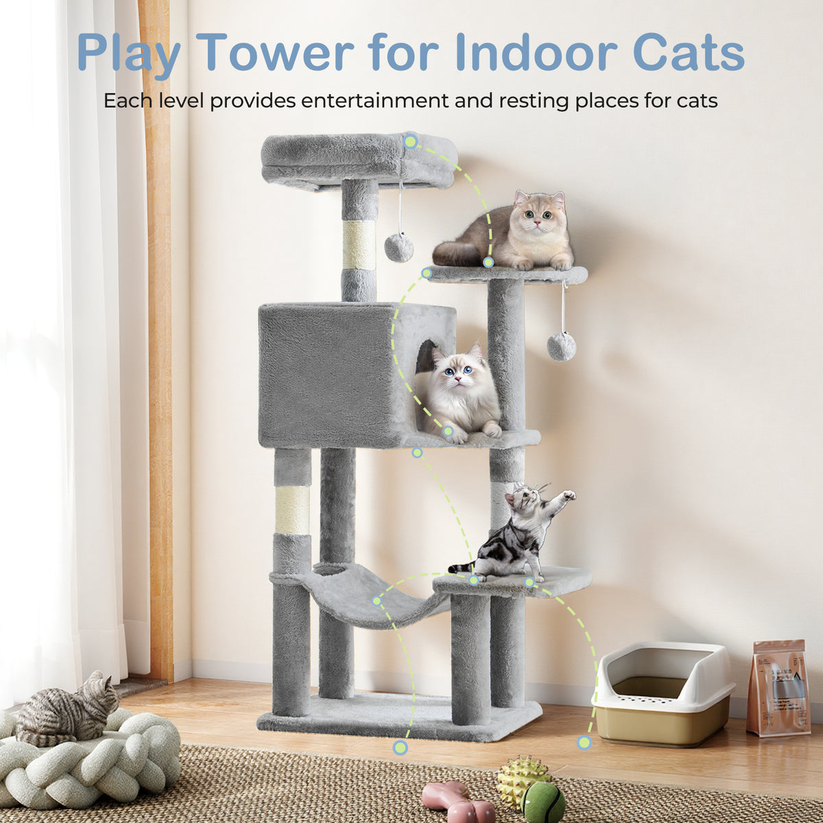 44-Inch Large Cat Tree Tower with Condo, Hammock & Sisal Scratching Posts – Multi-Level Indoor Cat House for Multiple Cats