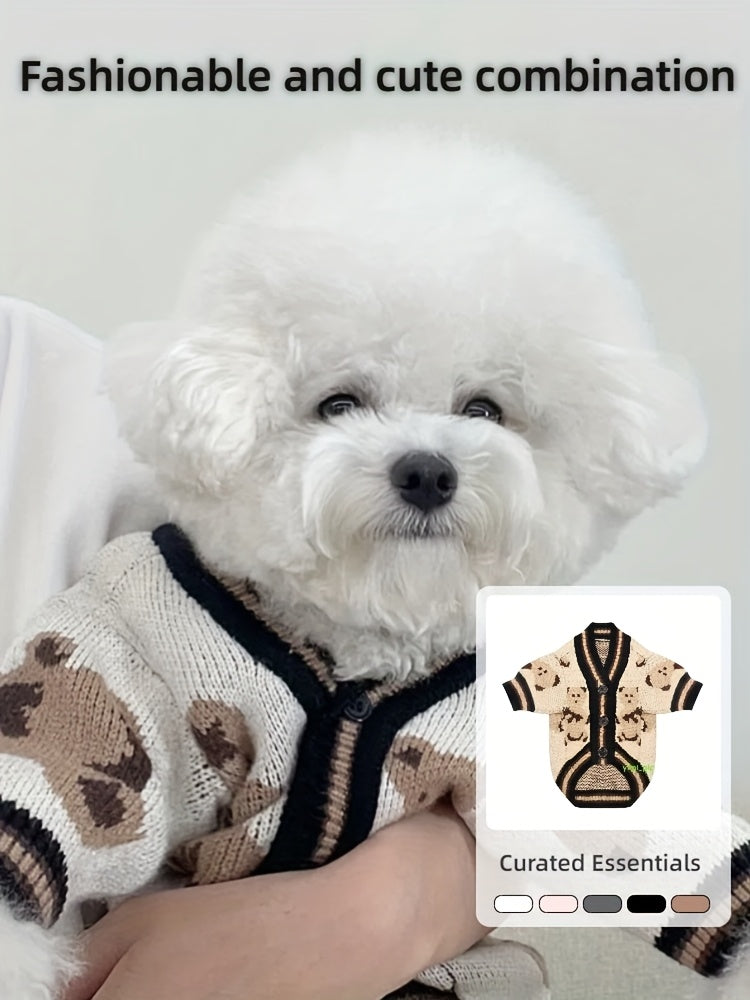 Dog Cardigan Sweater Bear Print with Button Closure – Warm Knitted Fleece-Lined Puppy Shirt, Adjustable Collar, Elastic & Embroidered, Small Breeds Bichon Teddy Schnauzer, Spring Summer