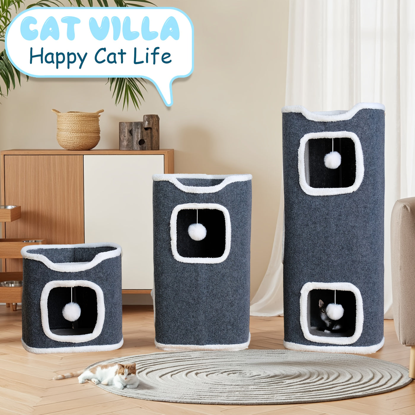 Multi-Level Foldable Cat Tree Tower for Indoor Cats – Cat Condo with Hanging Toy Balls, Cozy Top Bed & Scratch-Resistant Felt, 1/3/4 Tier