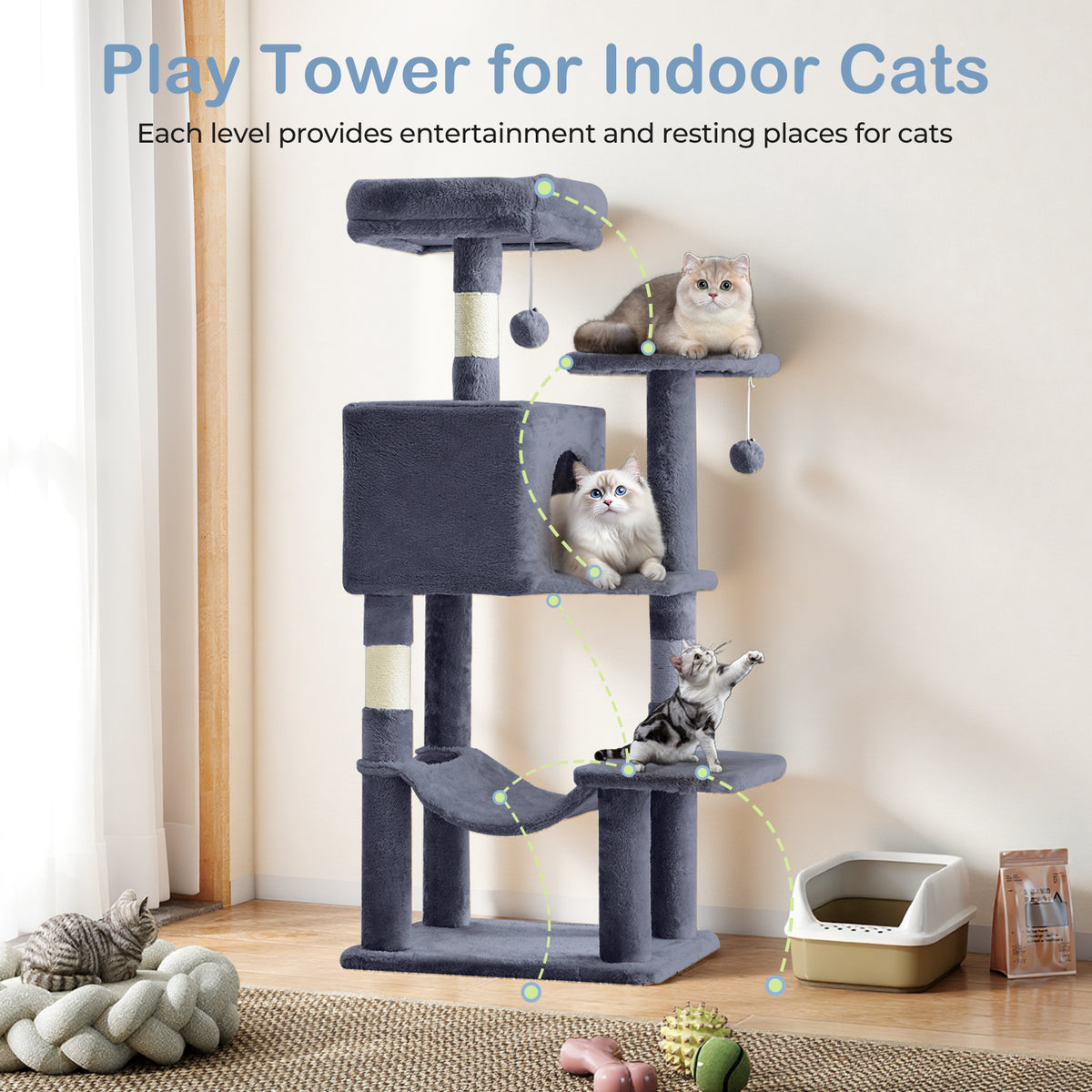 44-Inch Large Cat Tree Tower with Condo, Hammock & Sisal Scratching Posts – Multi-Level Indoor Cat House for Multiple Cats