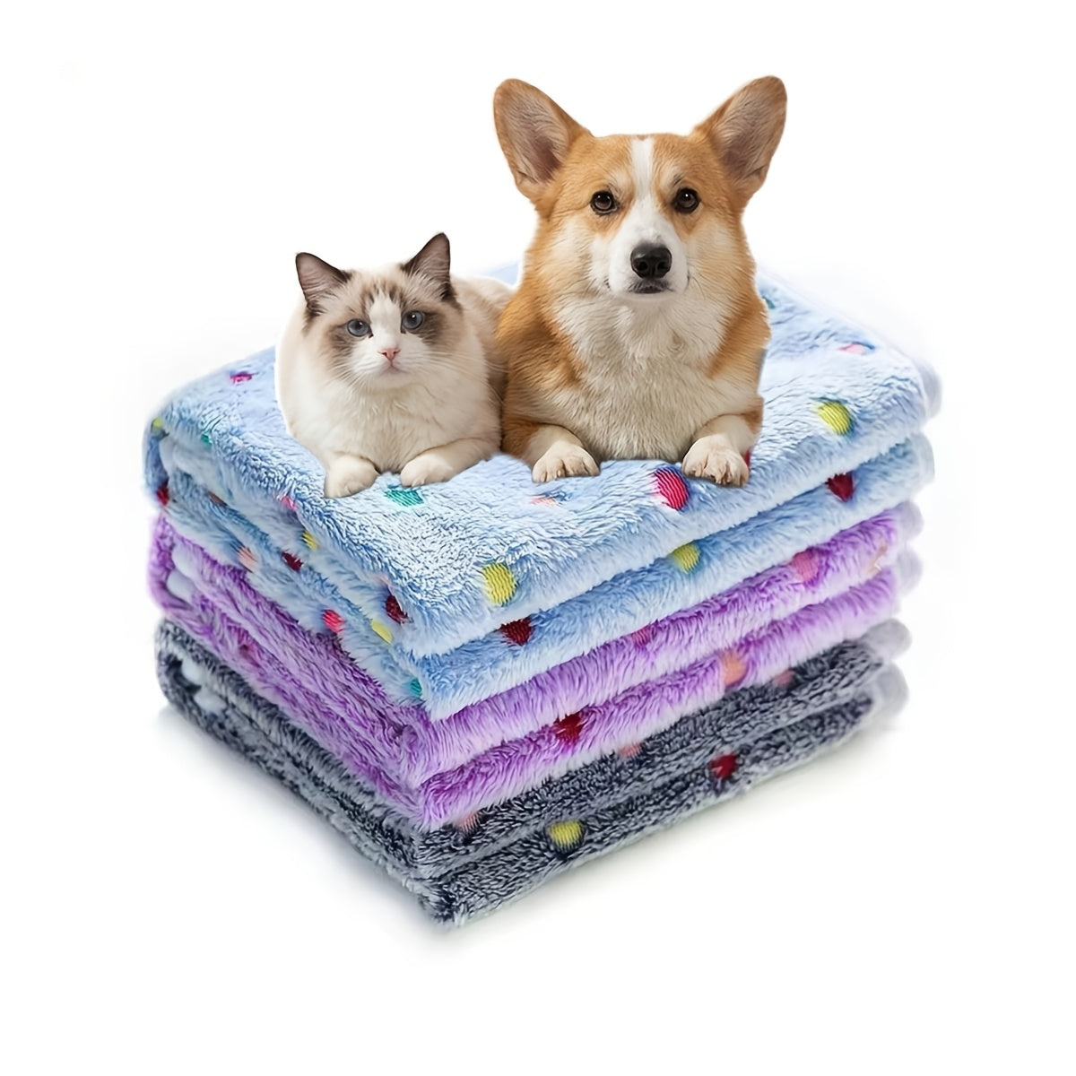 Fleece Pet Blanket 3 Pack with Free Drying Towel - Super Soft Flannel Throw for Dogs Puppies & Cats, Tear-Resistant Paw & Dot Print, Machine Washable, 20x16 & 23x16 Inch