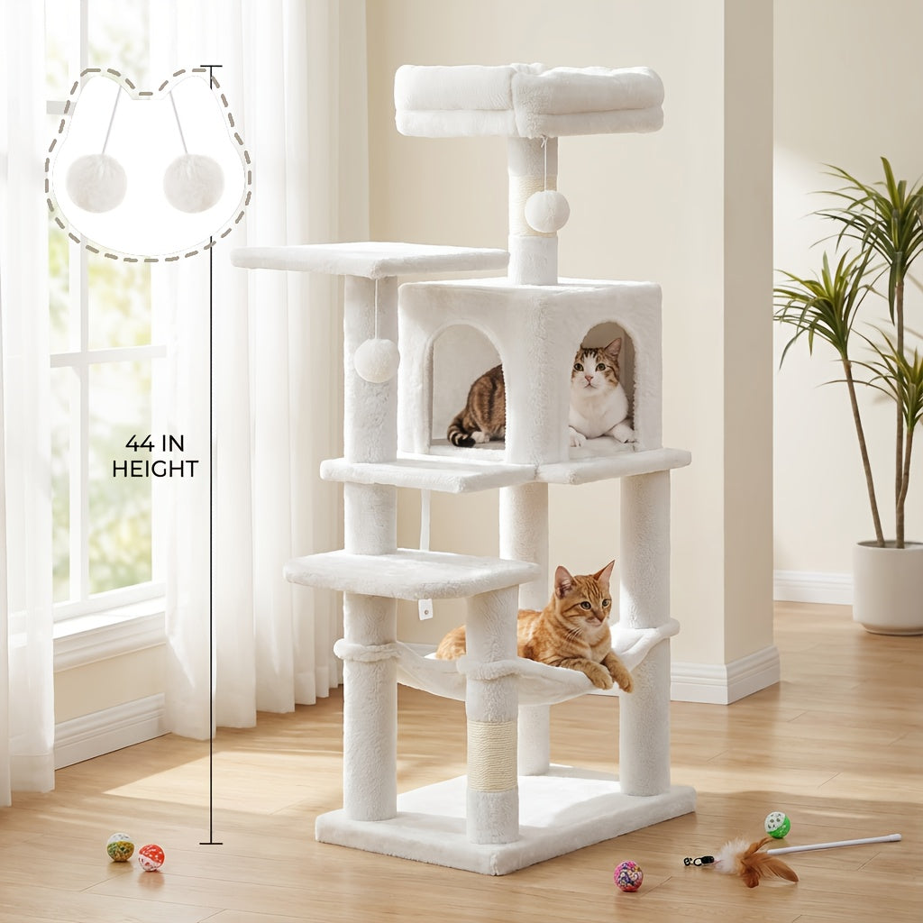Multi-Level Cat Tree Tower with Cave & Plush Hammock - 44/66/79in Tall Cat Condo, 4 Sisal Scratching Posts, 2 Perches, Anti-Tilt, Pompom Toys for Multi-Cat Families, 5 Colors