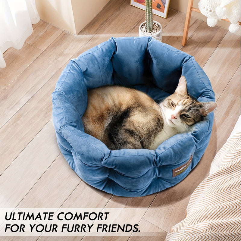 Deep Nest Round Cat Bed for Indoor Cats - Velvet Plush, Extra High Sides, Non-Slip Bottom, Machine Washable, 20x20x8in Cat Bed for Small Pets up to 15lbs, Steel Blue & Warm Beige