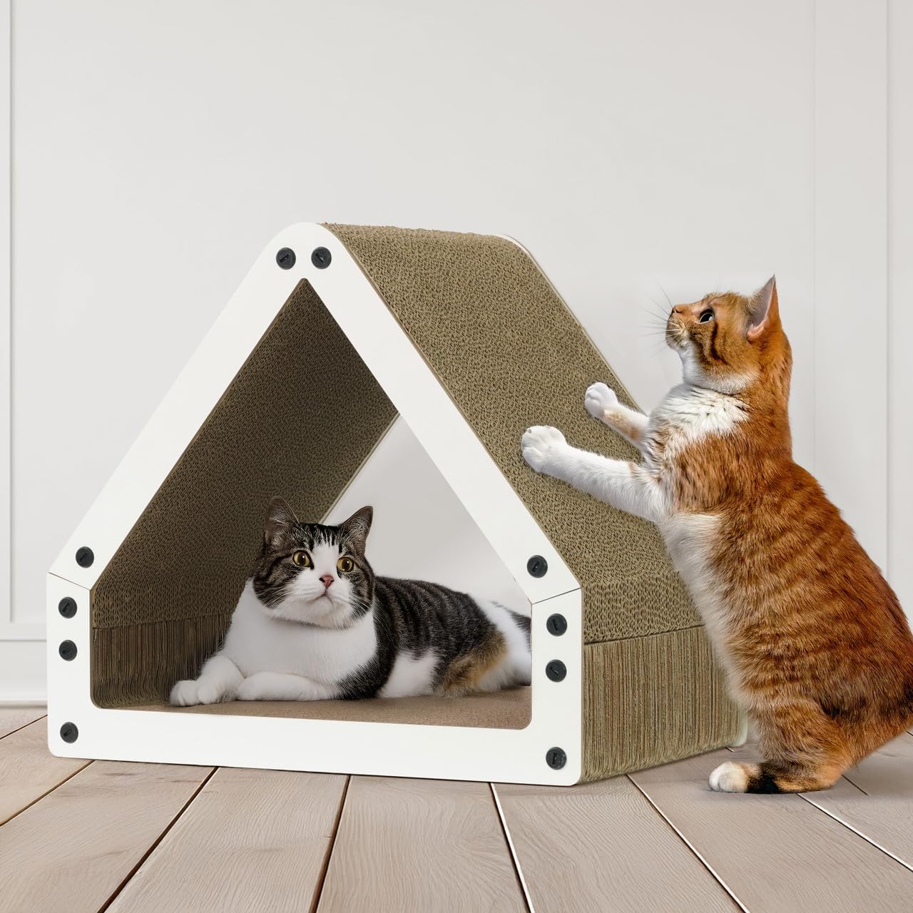 House Cat Scratcher Lounger - Large Reversible 5-Layer Cardboard Cat Scratching Pad & Board for Indoor Cats, 16x14x12 Inch, Brown & White