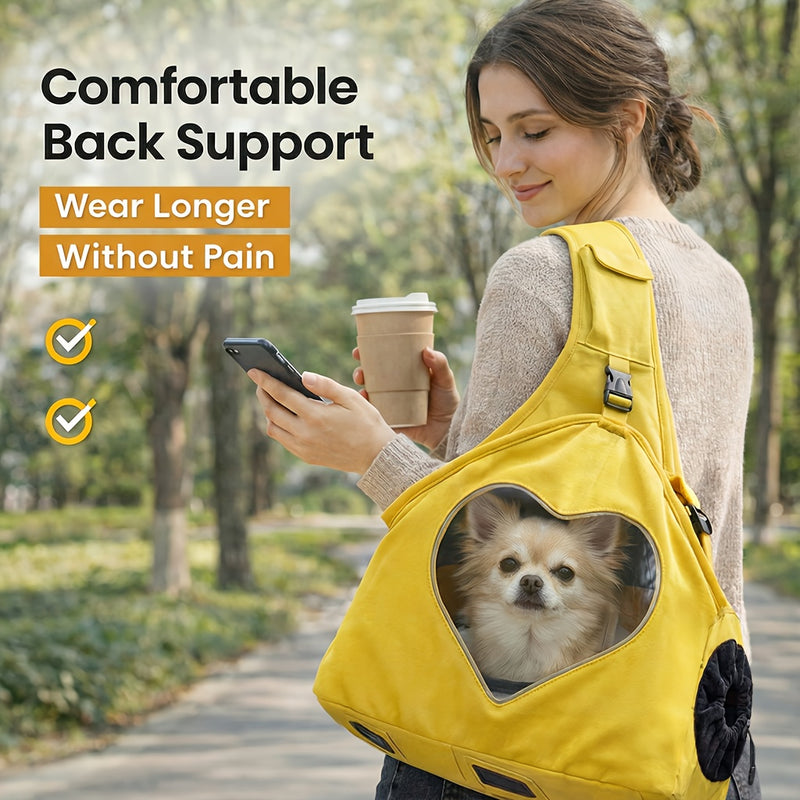 Crossbody Pet Carrier Bag with Heart Mesh Window – Hands-Free Dog & Cat Backpack with Waist Strap & Adjustable Shoulder Strap, Up to 15 Lbs | Bright Yellow