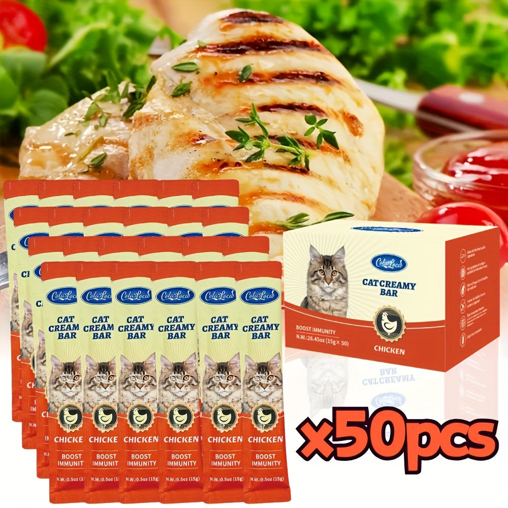Squeezable Wet Cat Food Strips 50pcs Variety Pack Chicken Tuna Salmon Mixed Flavors Soft Lickable Cat Treats Hydration Snack