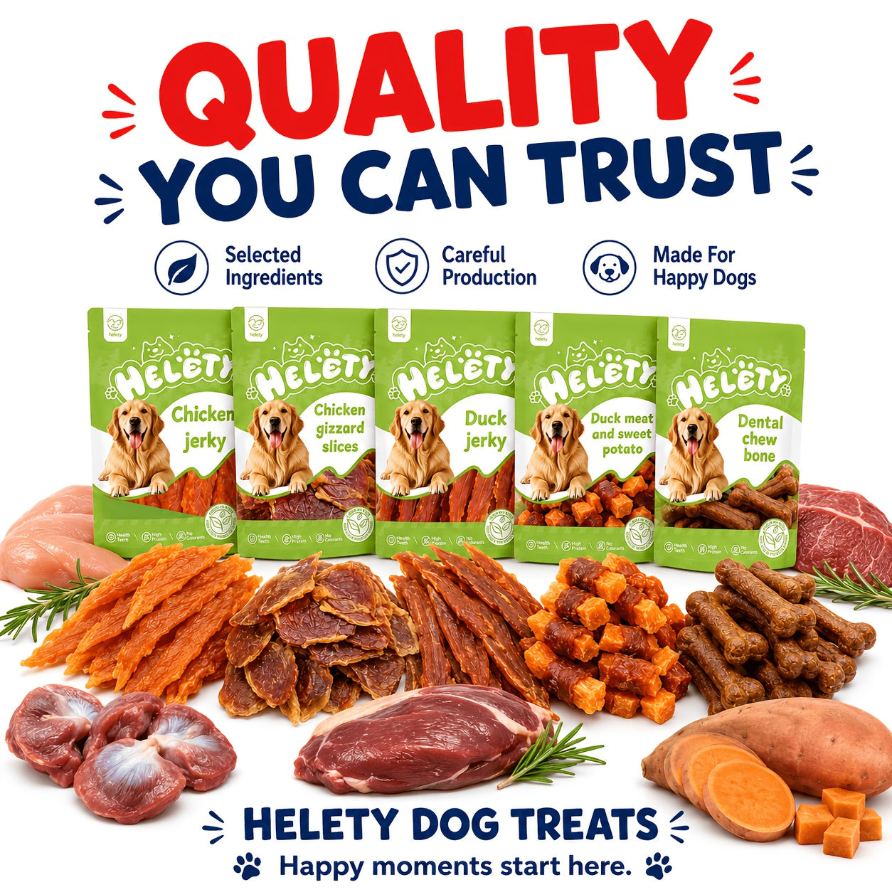 Duck & Chicken Dog Treats Variety – Chicken Egg Yolk Slices, Duck Roll Sweet Potato Chips & Duck Breast Jerky, High-Protein Easy-Digest Training Reward Snacks for Dogs