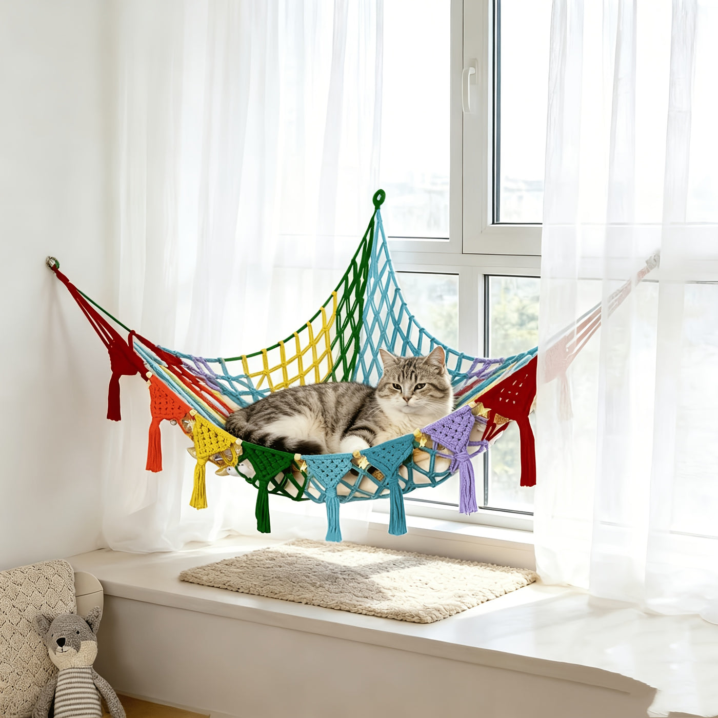 Cat Hammock Wall Mounted Hand-Woven Vinyl - No Assembly Hanging Cat Bed for Wall & Ceiling, All-Season Renter-Friendly Cat Basket Lounger for Kittens & Cats, Beige Pink Black Multicolor