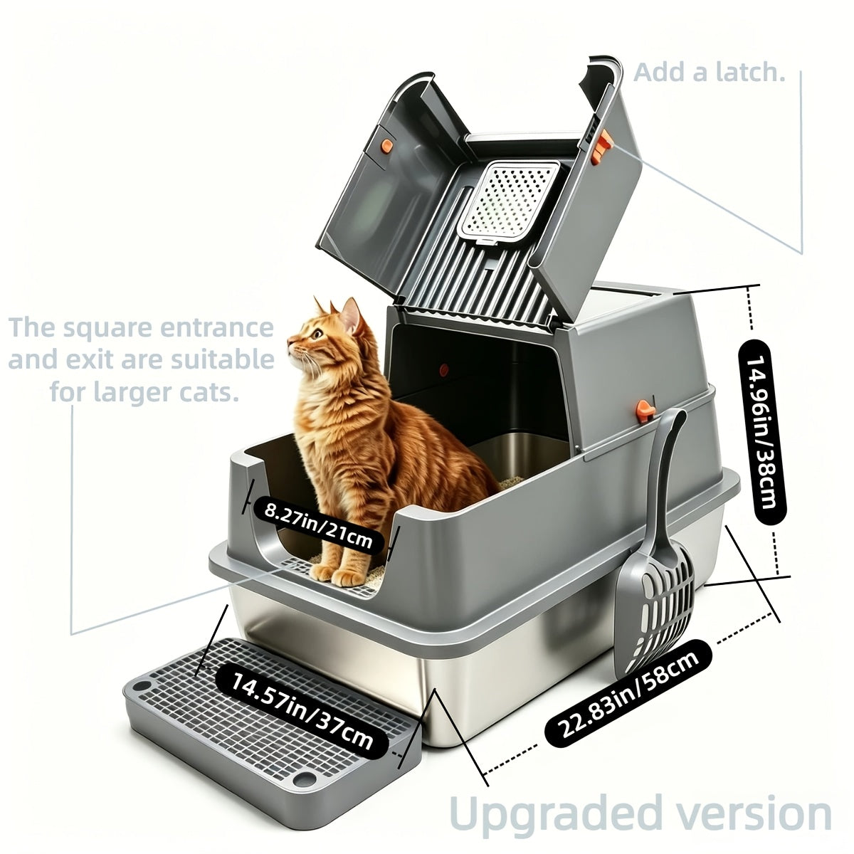 XL Stainless Steel Enclosed Cat Litter Box – 3-in-1 Flip Top Design, High Side Walls Prevent Litter Scatter, Ideal for Large Cats and Multi-Cat Households
