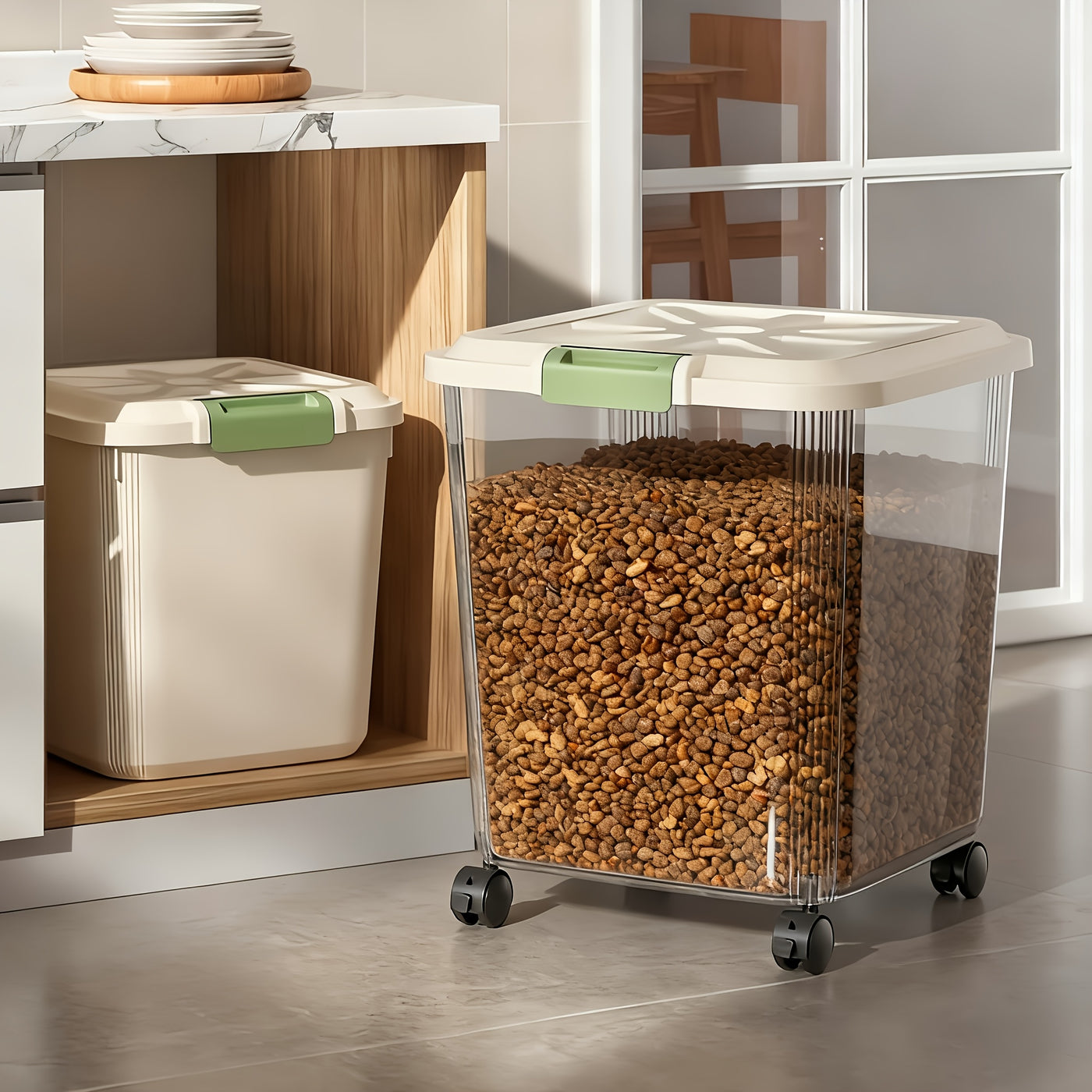 Pet Food Storage Container with Wheels – Sealed Lockable Transparent Rolling Bin with Scoop for Dog Cat Bird Food, 11lb / 22lb / 33lb