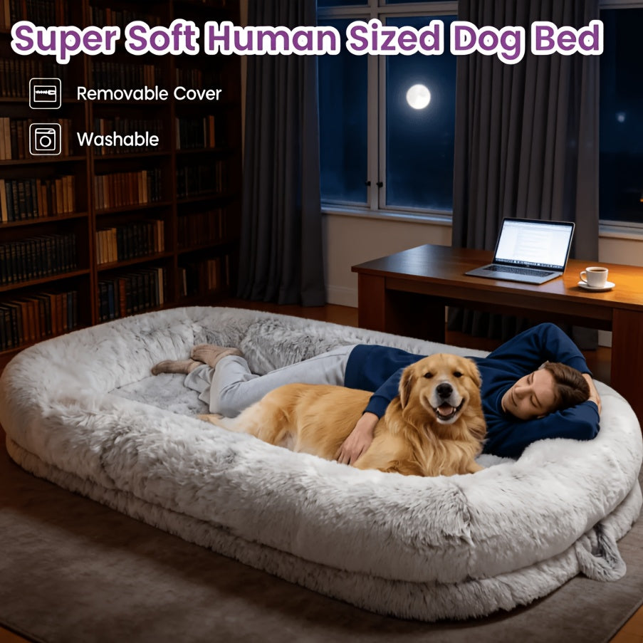 Human Dog Bed 70x44x11 Inch Giant Faux Fur Orthopedic Bed for People & Pets - Washable Non-Slip Extra Large Dog Bed for Adults, Napping, Lounging, All Breeds