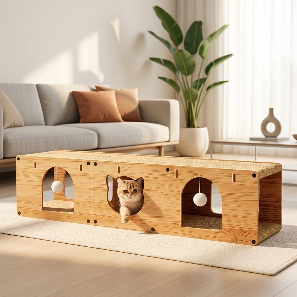 Cat Scratcher Tunnel Bed with Wood Frame Extra Large Donut Cat Tunnel with Scratching Board & Plush Balls - Anti-Scratch Toy for Medium & Large Cats, Cardboard Cat House
