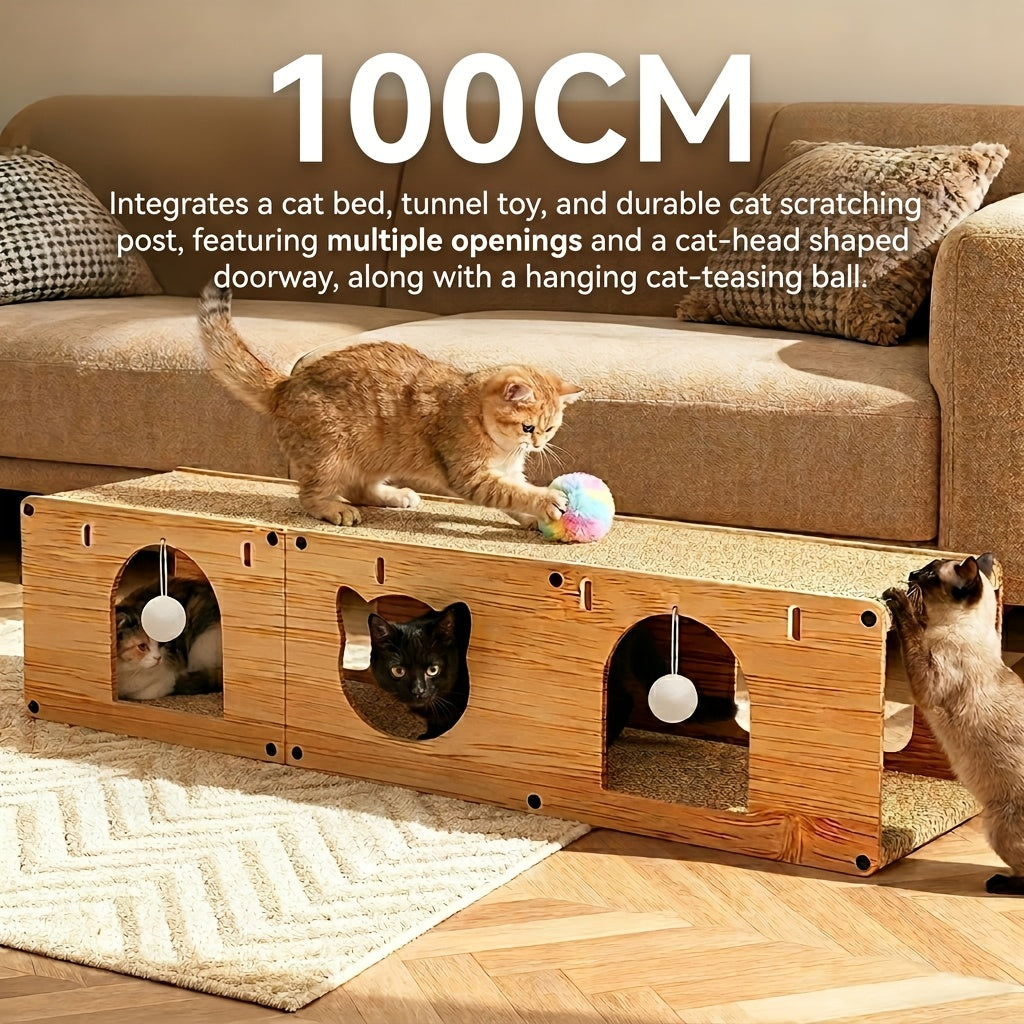 Cat Scratcher Tunnel Bed with Wood Frame Extra Large Donut Cat Tunnel with Scratching Board & Plush Balls - Anti-Scratch Toy for Medium & Large Cats, Cardboard Cat House