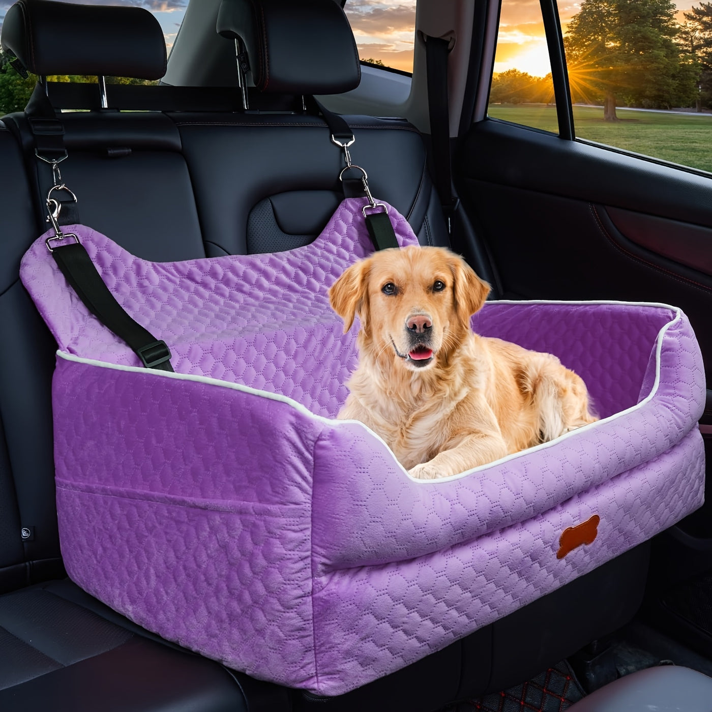 Dog Car Booster Seat for Medium Large Dogs – Washable Pet Car Seat with Thick Cushion, Safety Leash & Removable Cover for Back Seat Travel