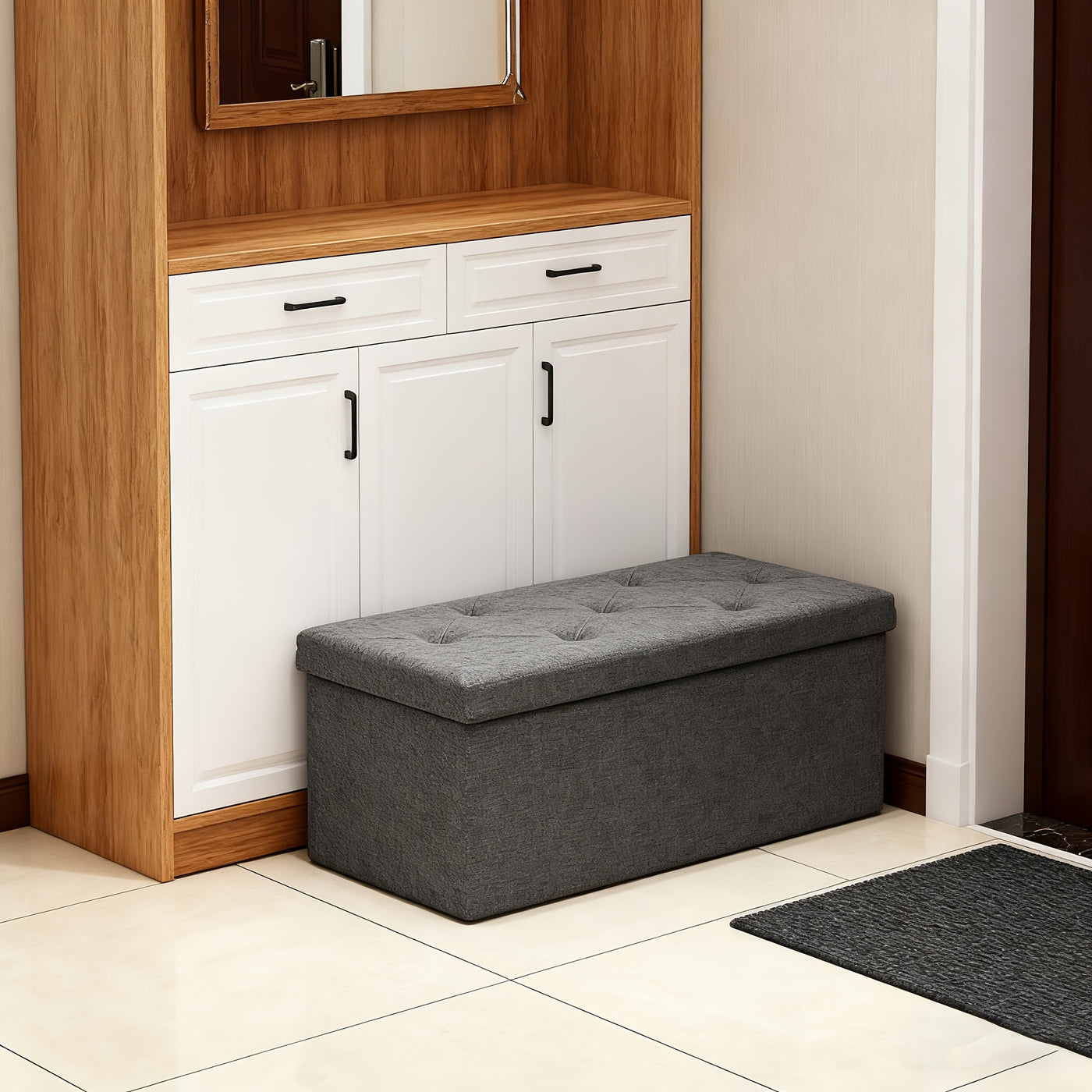 Storage Ottoman Bench Foldable with Padded Seat – End of Bed Bench & Storage Chest for Bedroom & Living Room, 2 Sizes, Grey