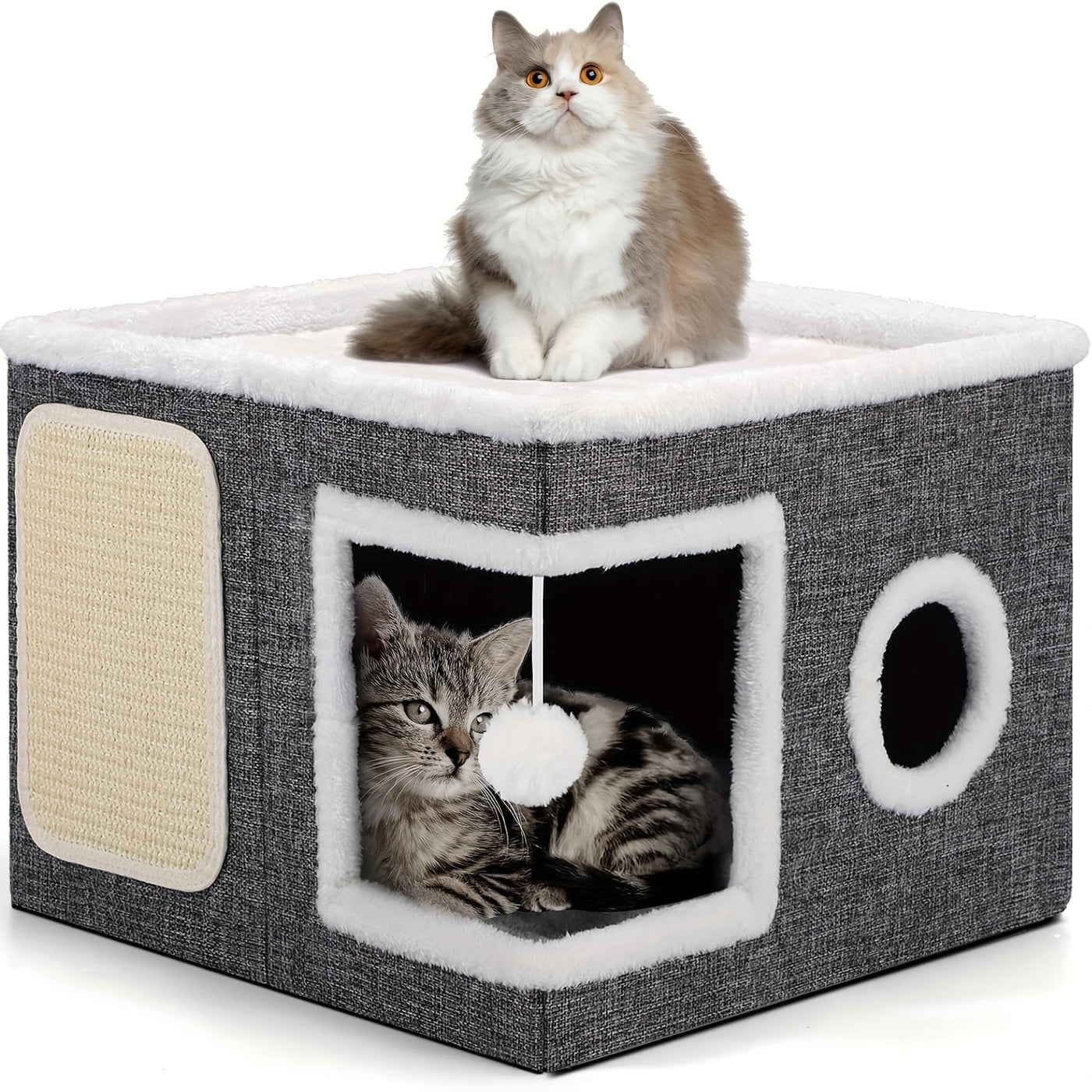 Foldable Cat Cube Bed with 2-Tier Perch, Toy Tunnel & Scratching Post – Space-Saving Indoor Cat House, 16.5x16.5x13 Inches, Plush & Canvas