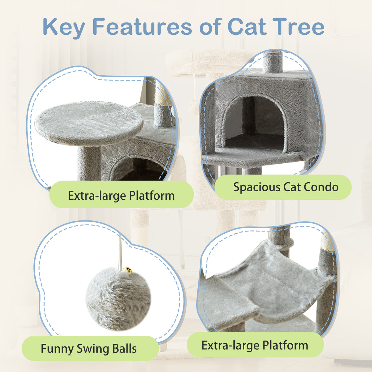 44 Inch Cat Tree Tower with Condo Hammock & Sisal Scratching Posts - Multi-Level Cat Tower for Indoor Cats with Perches & Pet House