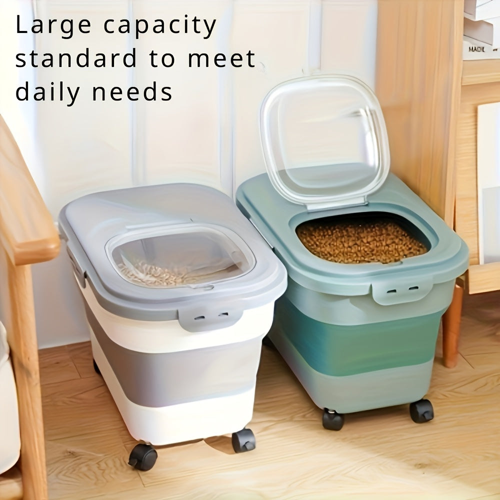 Pet Food Storage Container with Wheels - Large Capacity Airtight Dog Cat Dry Food Bin, Moisture & Insect Resistant, Foldable with Measuring Cup, Green Off-White Pink