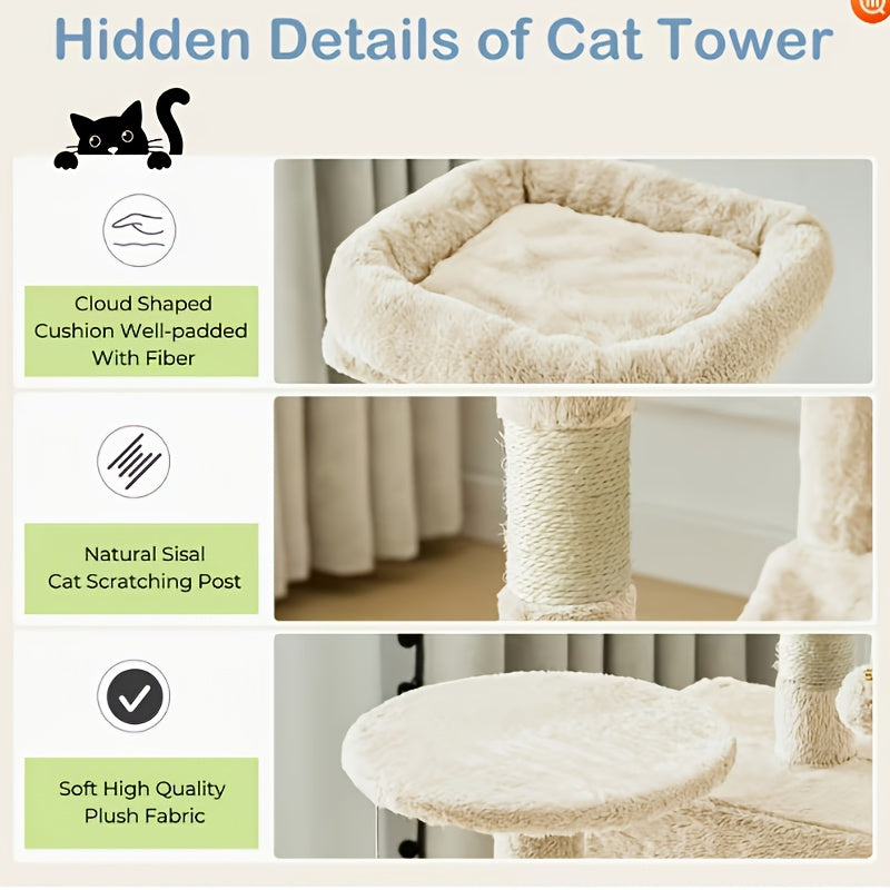 44 Inch Cat Tree Tower with Condo Hammock & Sisal Scratching Posts - Multi-Level Cat Tower for Indoor Cats with Perches & Pet House