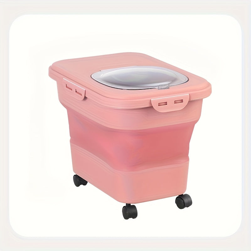 Pet Food Storage Container with Wheels - Large Capacity Airtight Dog Cat Dry Food Bin, Moisture & Insect Resistant, Foldable with Measuring Cup, Green Off-White Pink