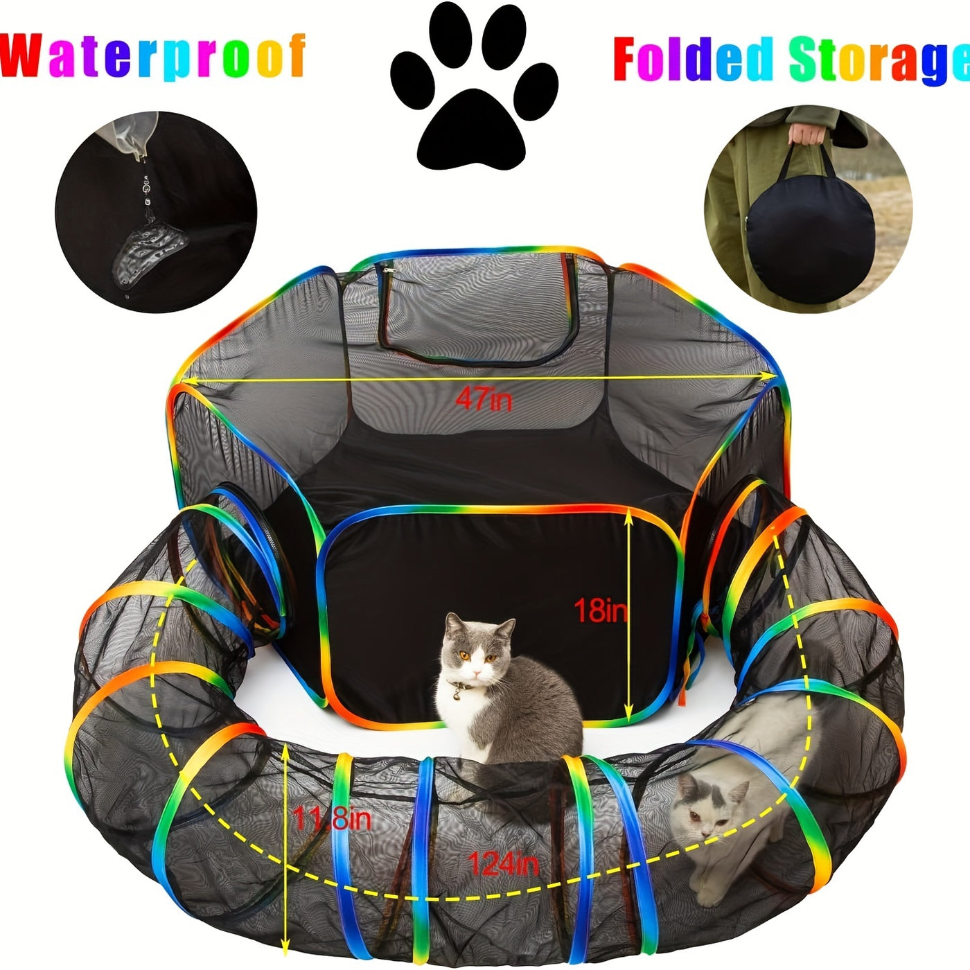 Outdoor Cat Tunnel Enclosure & Playpen – Rainbow Cat Tent with Circle Tunnel for Indoor Outdoor Cats, Portable Cat Playground for Kittens & Small Animals