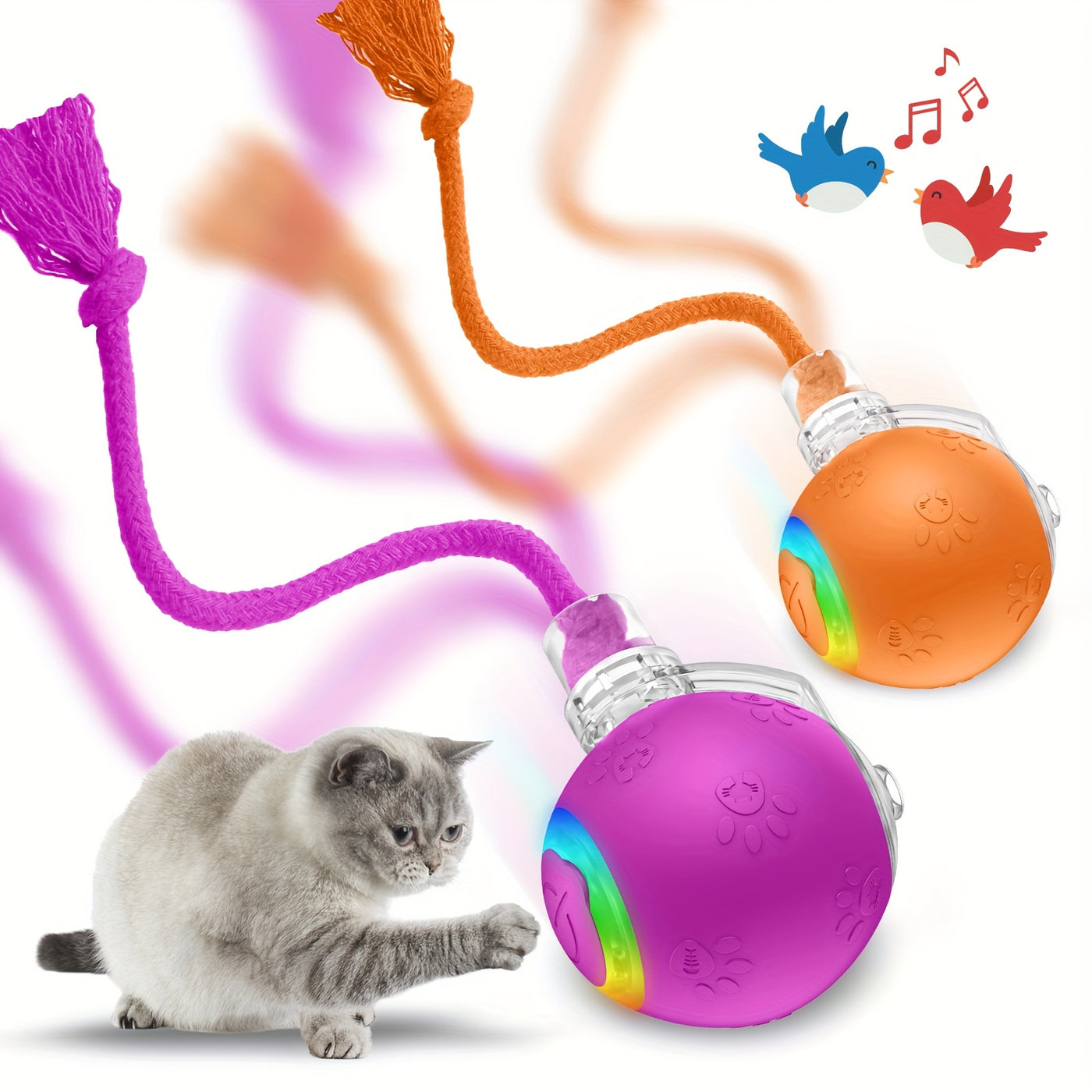 Motion-Activated Smart Cat Toy 2-Pack USB Rechargeable with Bird Sounds Colorful Lights - Interactive Self-Play for Indoor Cats & Kittens