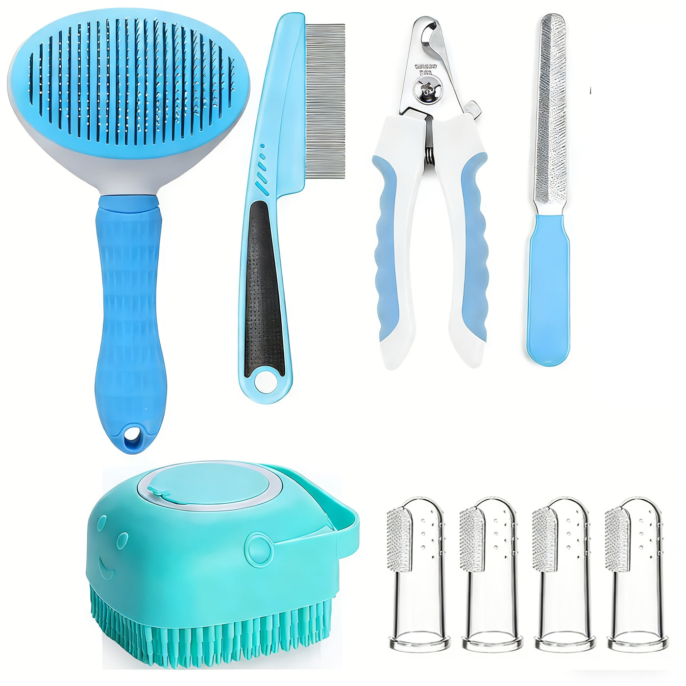 7-in-1 Pet Grooming Kit for Dogs & Cats – Self-Cleaning Slicker Brush, Nail Clippers, Shampoo Bath Brush, Dental Care Set for Puppies & Cats | Pink & Blue, 9pcs