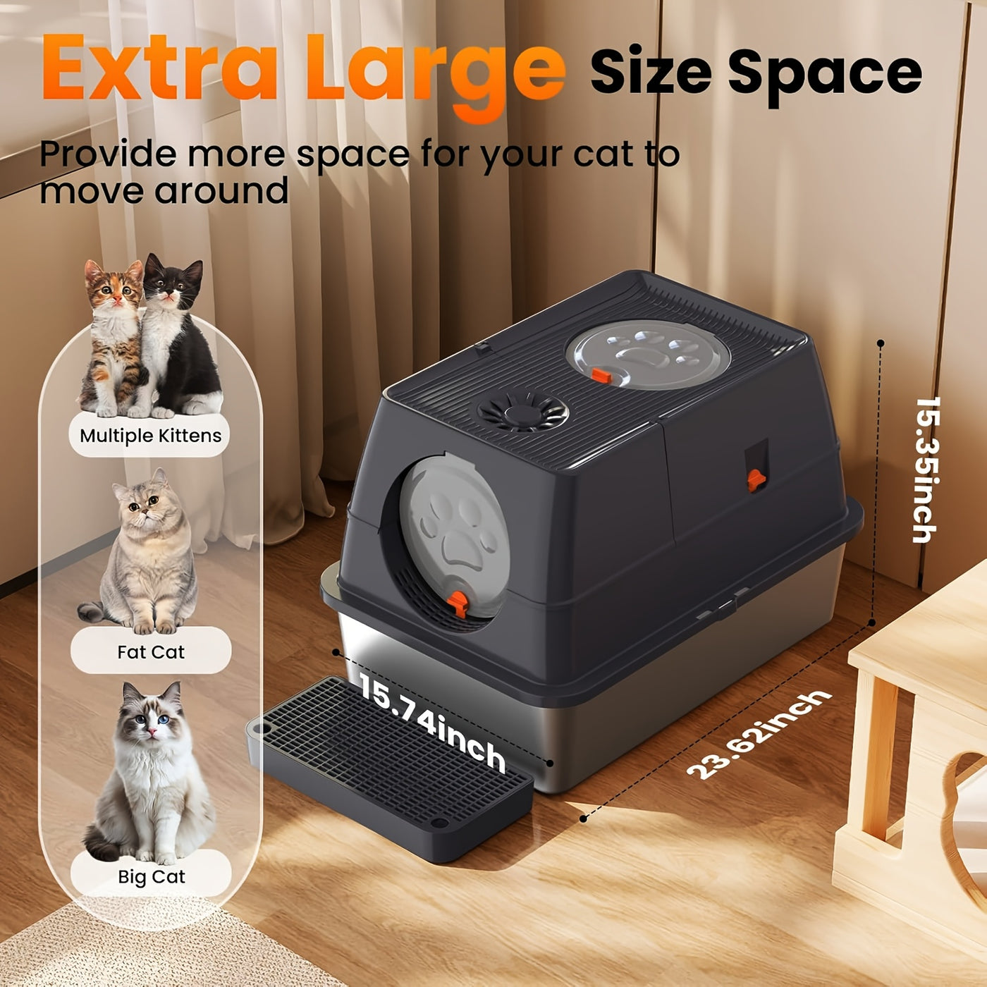 XL Stainless Steel Enclosed Cat Litter Box – 3-in-1 Flip Top Design, High Side Walls Prevent Litter Scatter, Ideal for Large Cats and Multi-Cat Households
