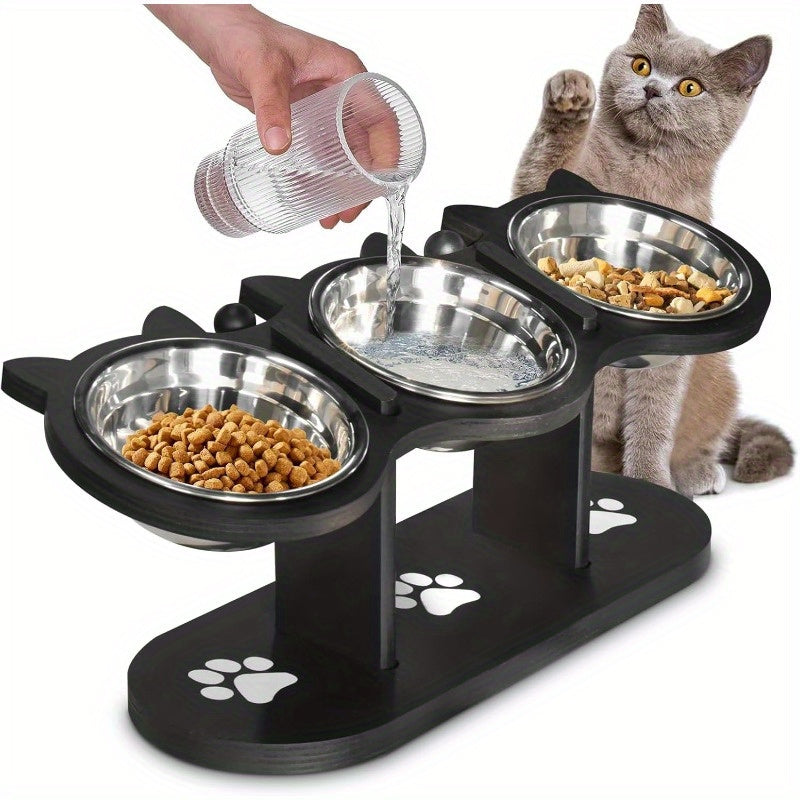 Elevated Cat Bowls 15° Tilted Stainless Steel – Raised Bowl Stand Feeder with Anti-Spill Wooden Base, Set of 2 or 3, for Cats & Small Dogs