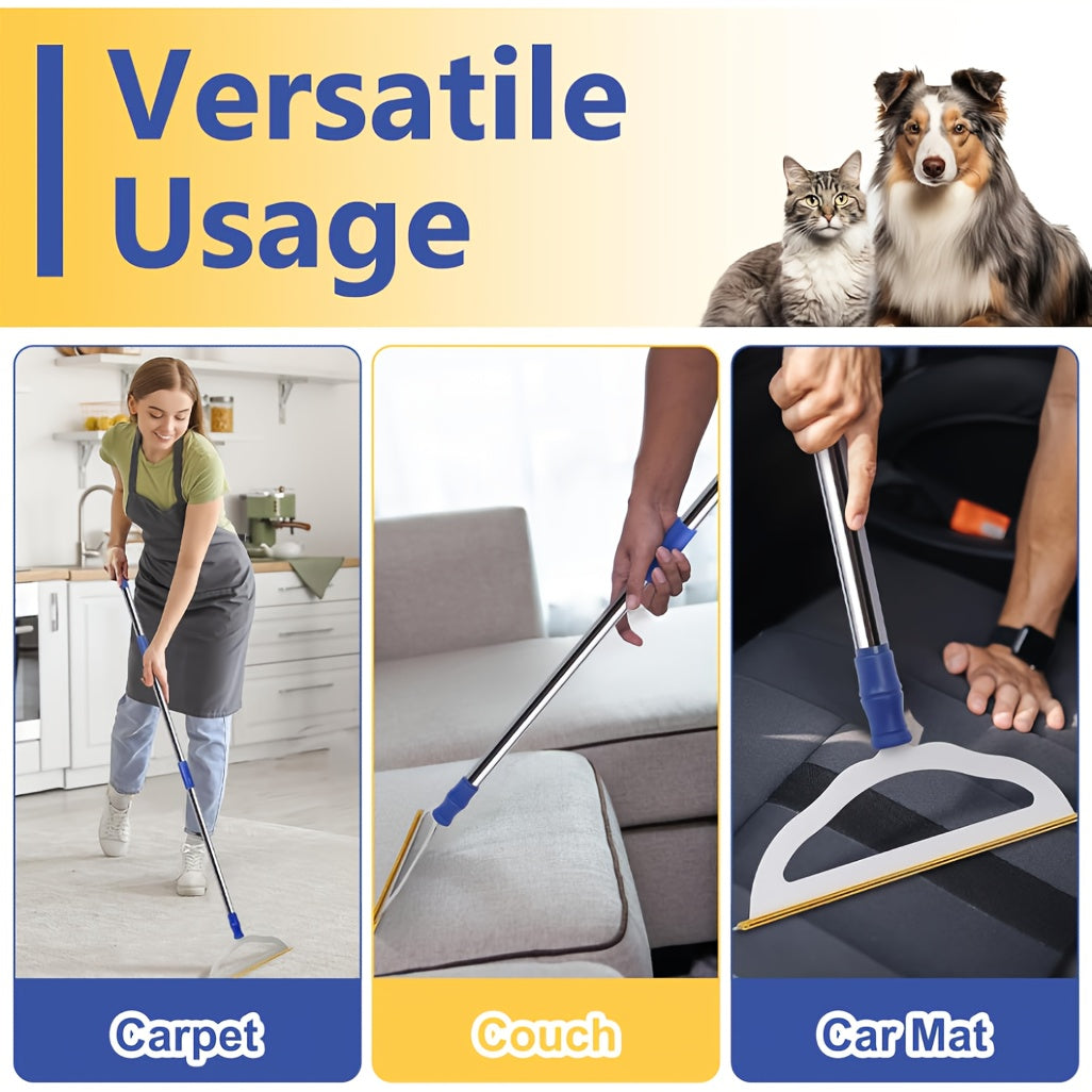 Carpet Rake for Pet Hair Removal – 12" Metal Brush with 54" Heavy-Duty Handle, Dog Cat Fur Remover for Low Pile Carpet Rug Couch Stairs & Upholstery