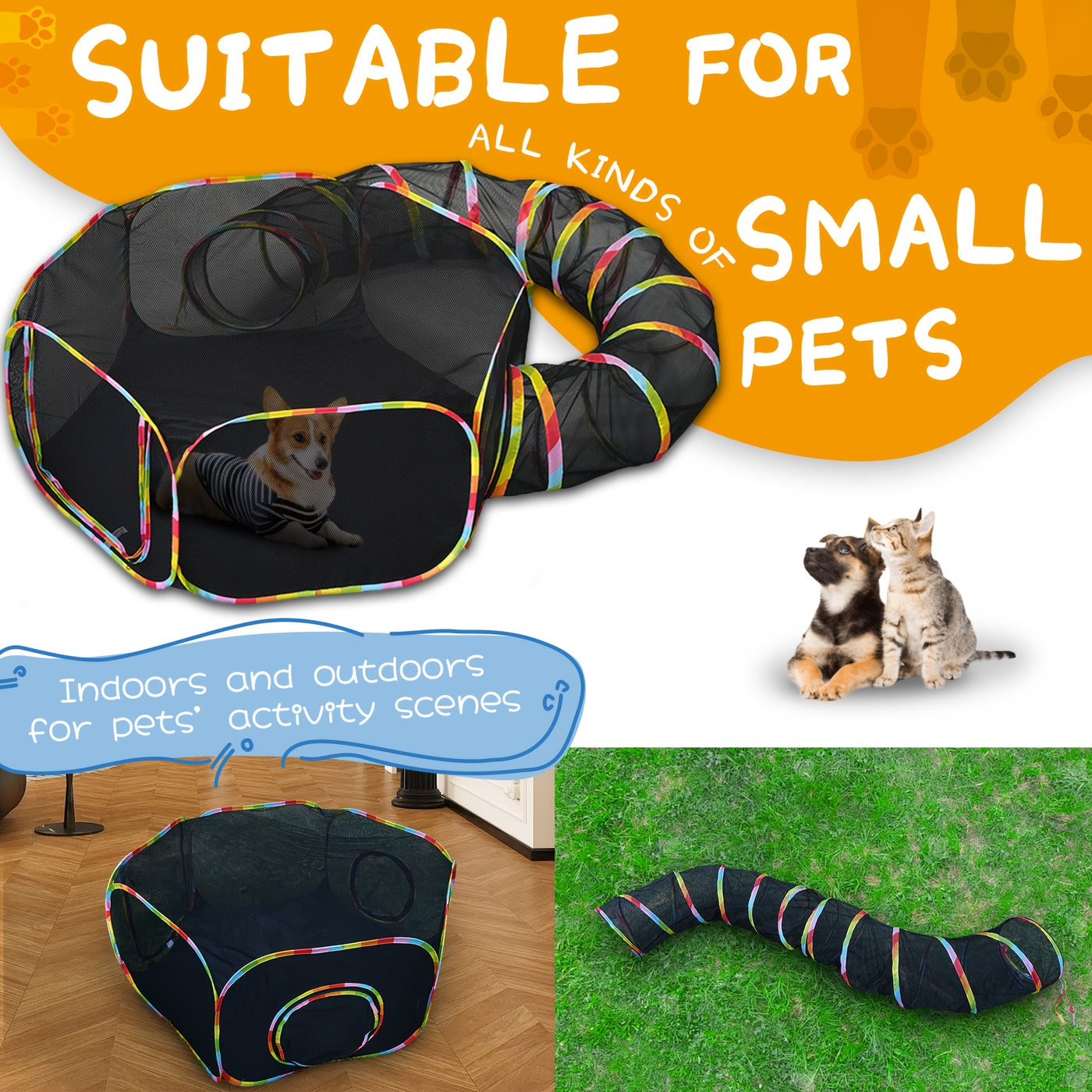 Outdoor Cat Enclosure Portable Catio with Play Tunnel - Cat Tent Playpen for Indoor Cats Outside, Enclosed Cat Run Cage-Free Cat Yard for Small Animals
