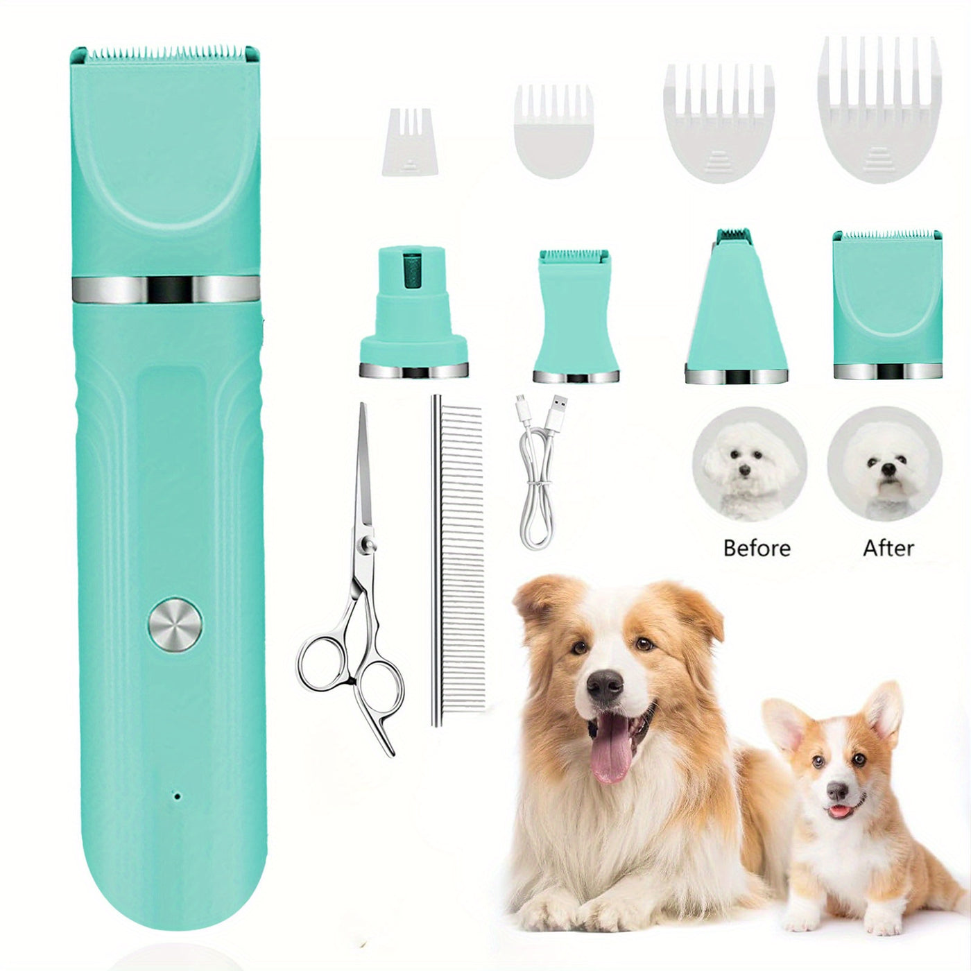 6-in-1 Pet Grooming Kit USB Rechargeable Cordless Clippers – 4 Interchangeable Blade Heads, Nail Clipper, Steel Comb & Scissors for Dogs Cats & Small Animals, White & Blue